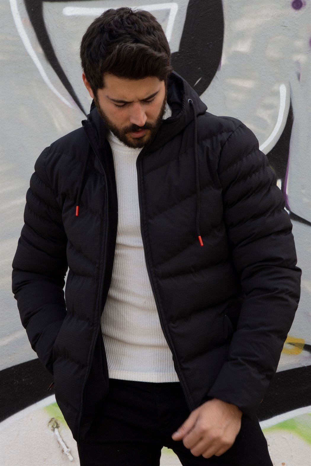 ERKEK SABİT KAPŞONLU ŞİŞME MONT SİYAH mont SİYAH