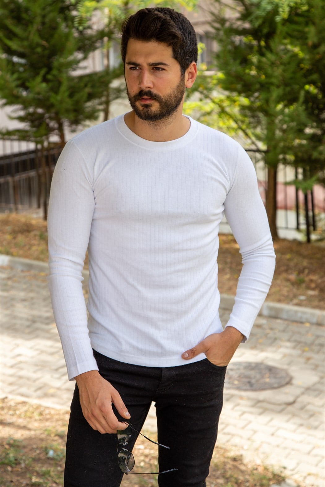 ERKEK Sıfır Yaka Uzun Kol badi BEYAZ BODY BEYAZ