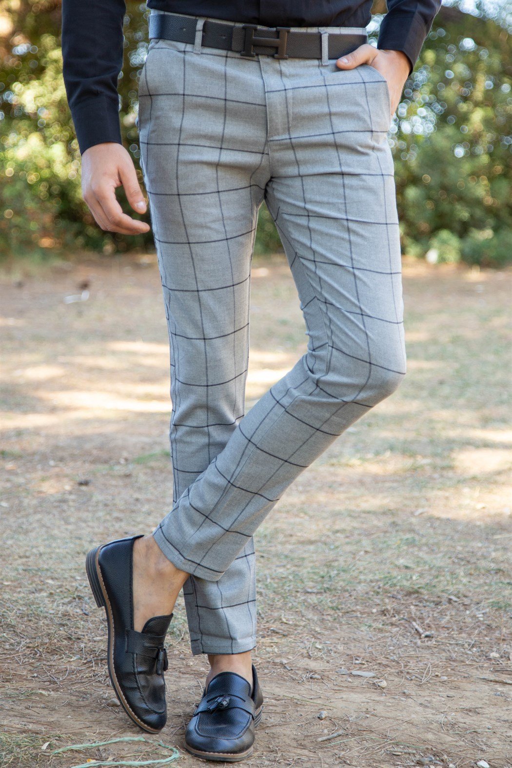 ERKEK SLİM FİT EKOSE YAN CEP FÜME FÜME