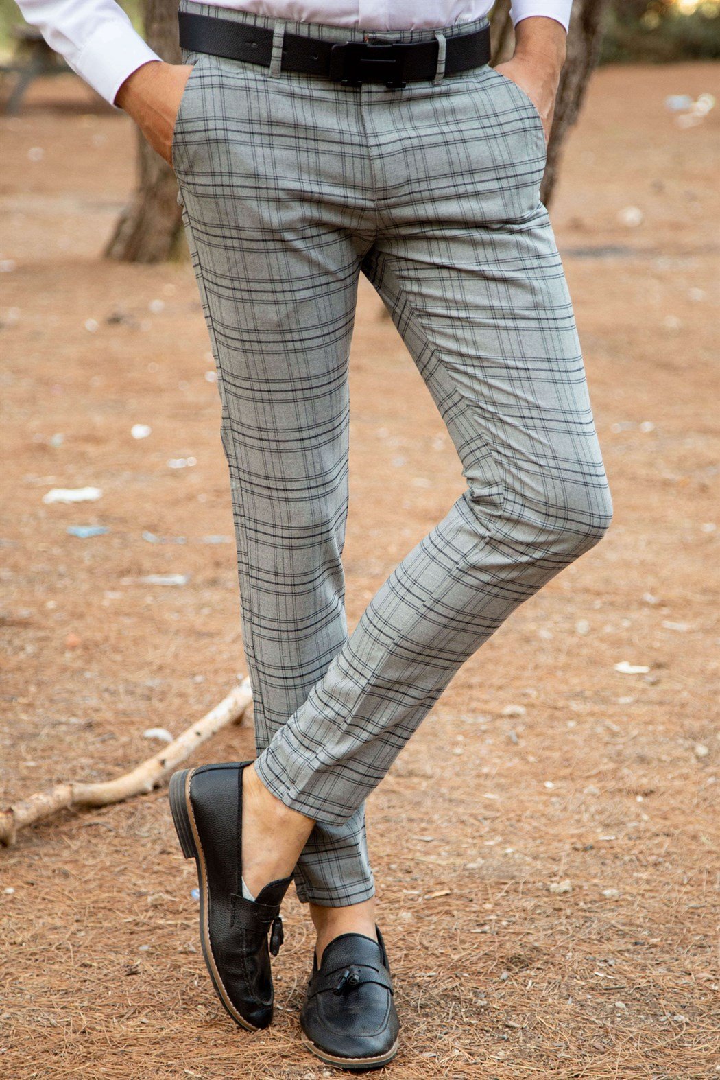 ERKEK SLİM FİT İNCE KARELİ YAN CEP GRİ GRİ