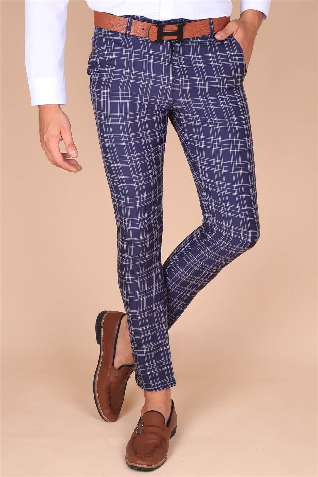 ERKEK SLİM FİT İNCE KARELİ YAN CEP LACİVERT LACİVERT