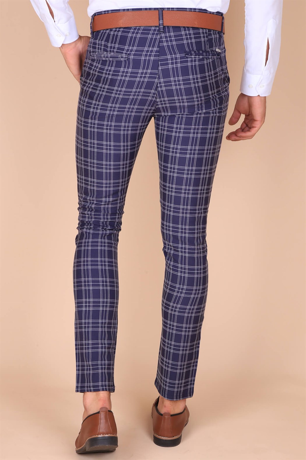 ERKEK SLİM FİT İNCE KARELİ YAN CEP LACİVERT LACİVERT