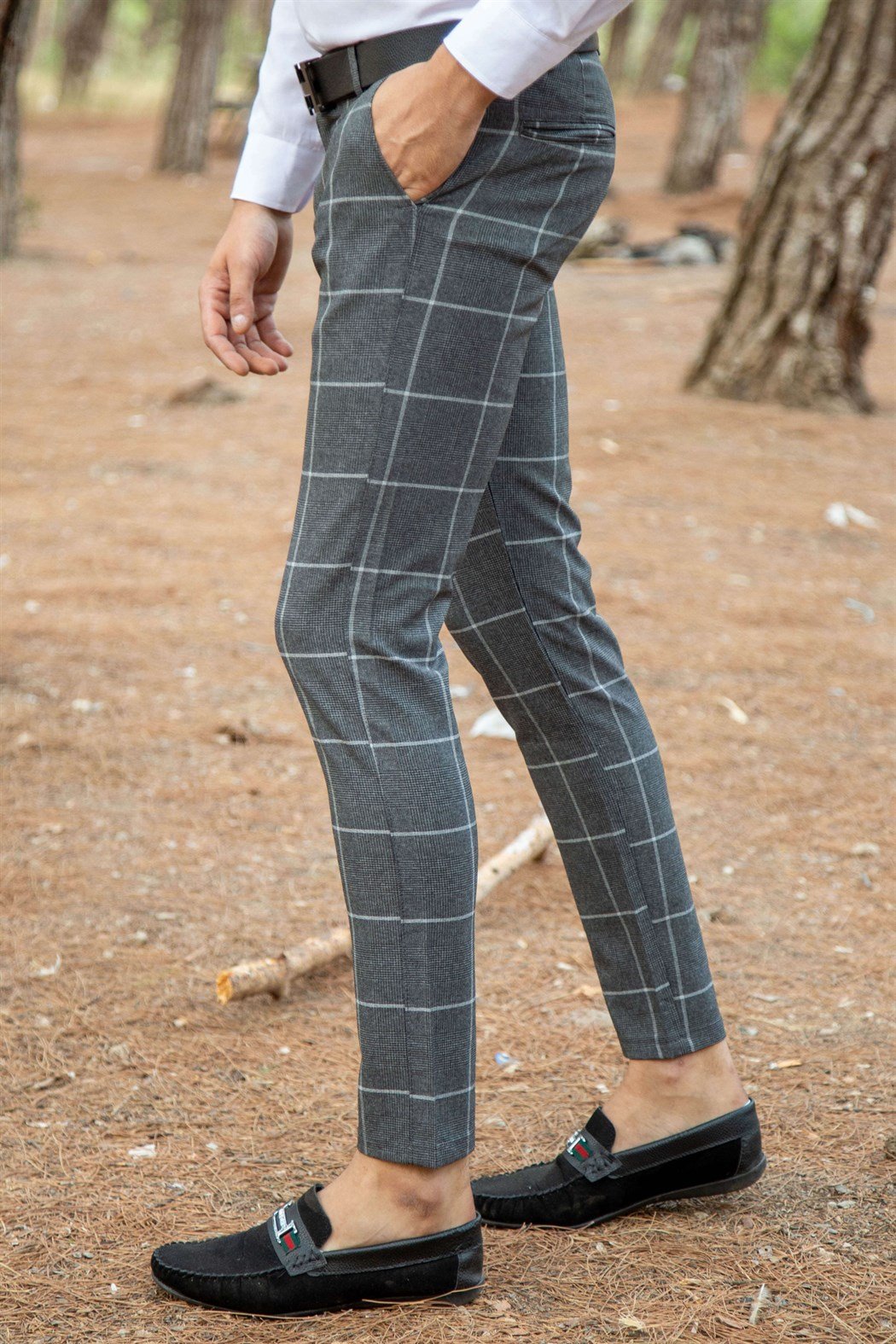 ERKEK SLİM FİT YAN CEP BÜYÜK EKOSE FÜME FÜME