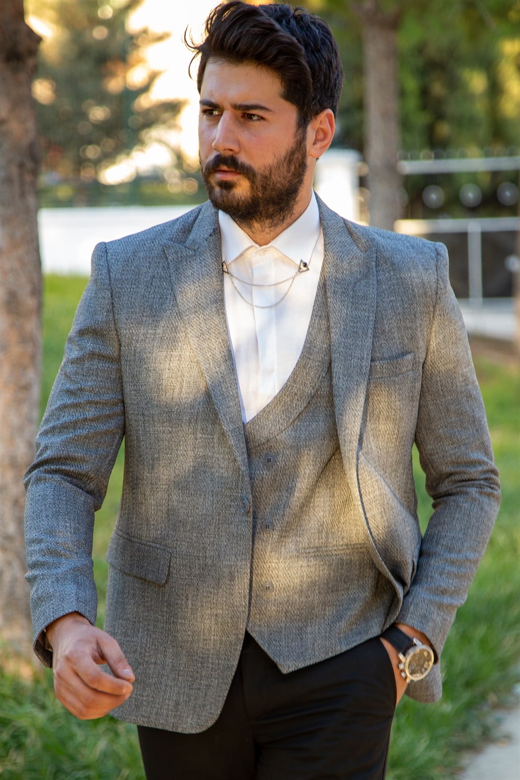 ERKEK SLİM FİT YELEK CEKET TAKIM GRİ GRİ