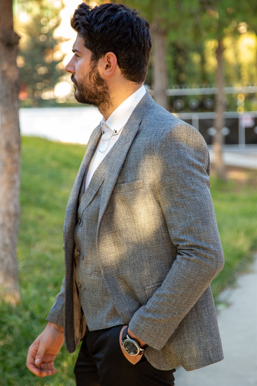 ERKEK SLİM FİT YELEK CEKET TAKIM GRİ GRİ