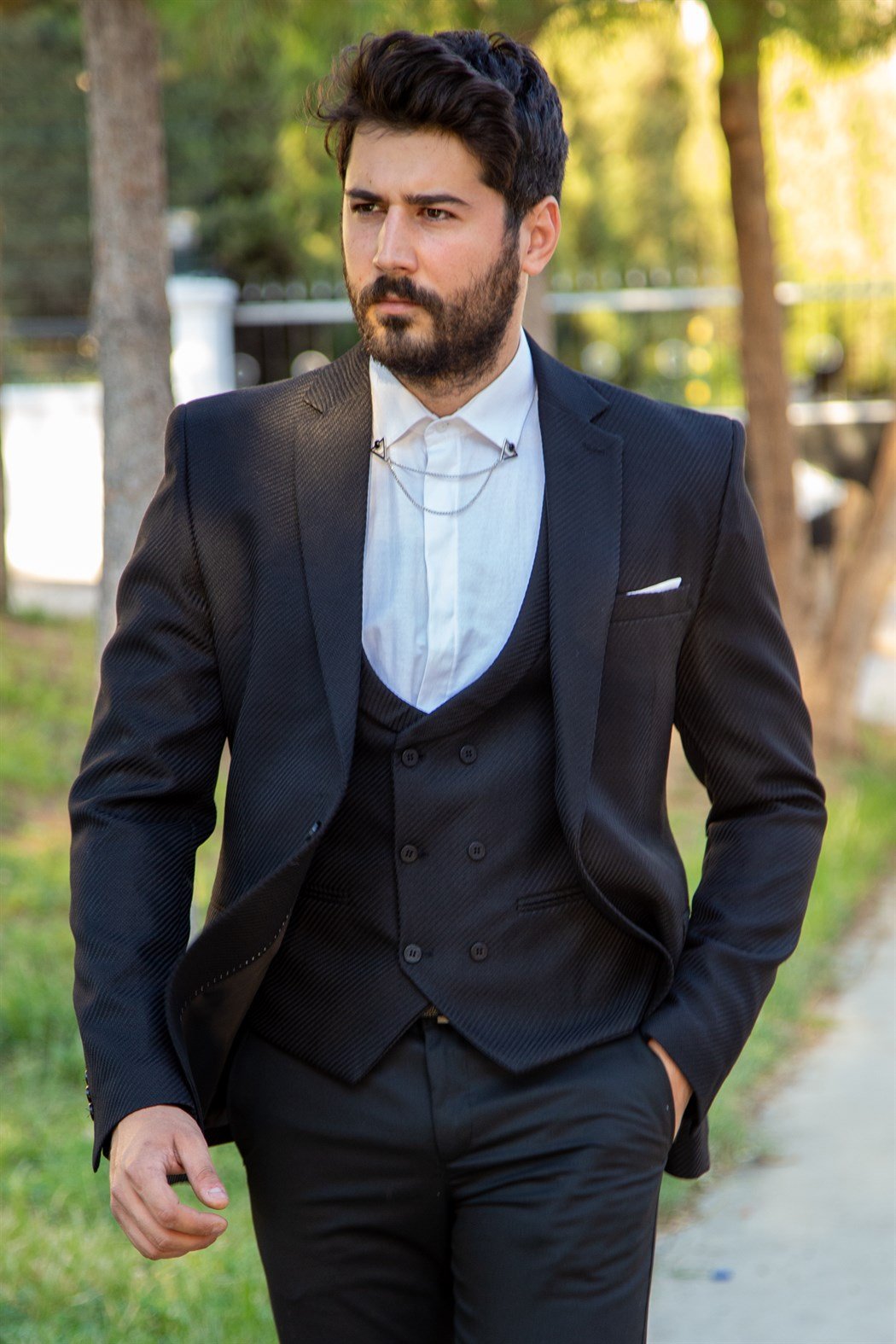 ERKEK SLİM FİT YELEK CEKET TAKIM SİYAH SİYAH