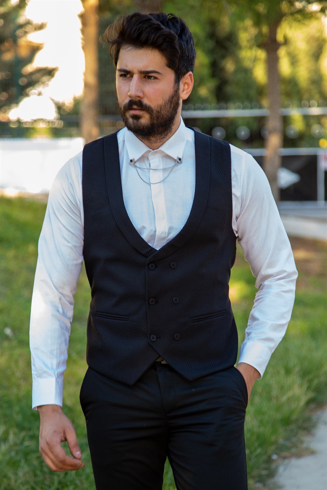 ERKEK SLİM FİT YELEK CEKET TAKIM SİYAH SİYAH