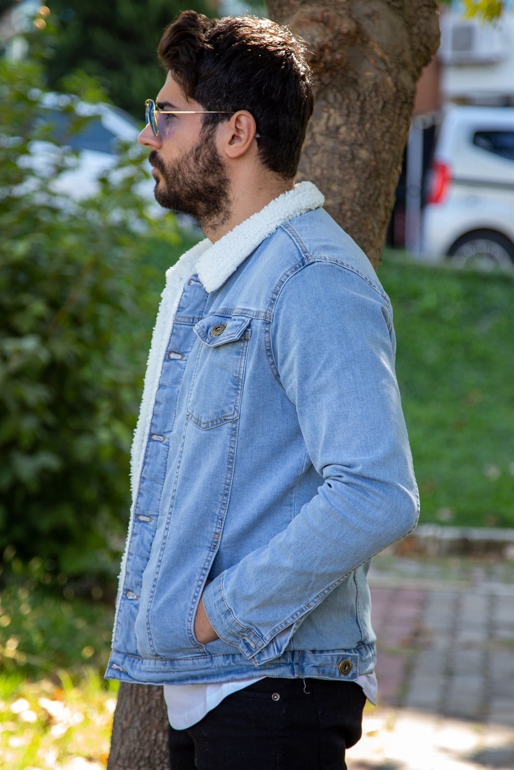 ERKEK SLİMFİT KÜRKLÜ KOT CEKET BUZ MAVİSİ KOT MONT BUZ MAVİSİ