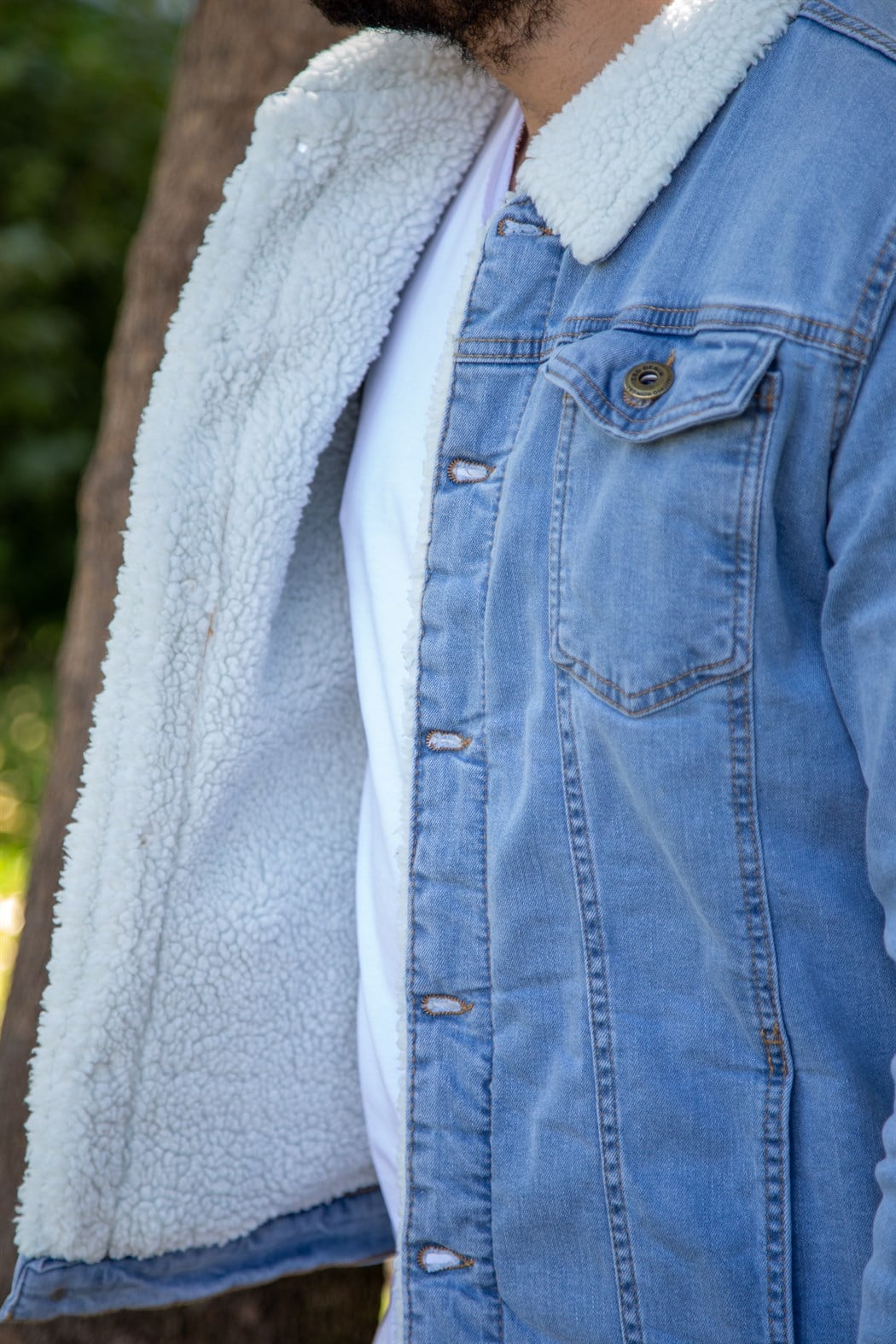 ERKEK SLİMFİT KÜRKLÜ KOT CEKET BUZ MAVİSİ KOT MONT BUZ MAVİSİ