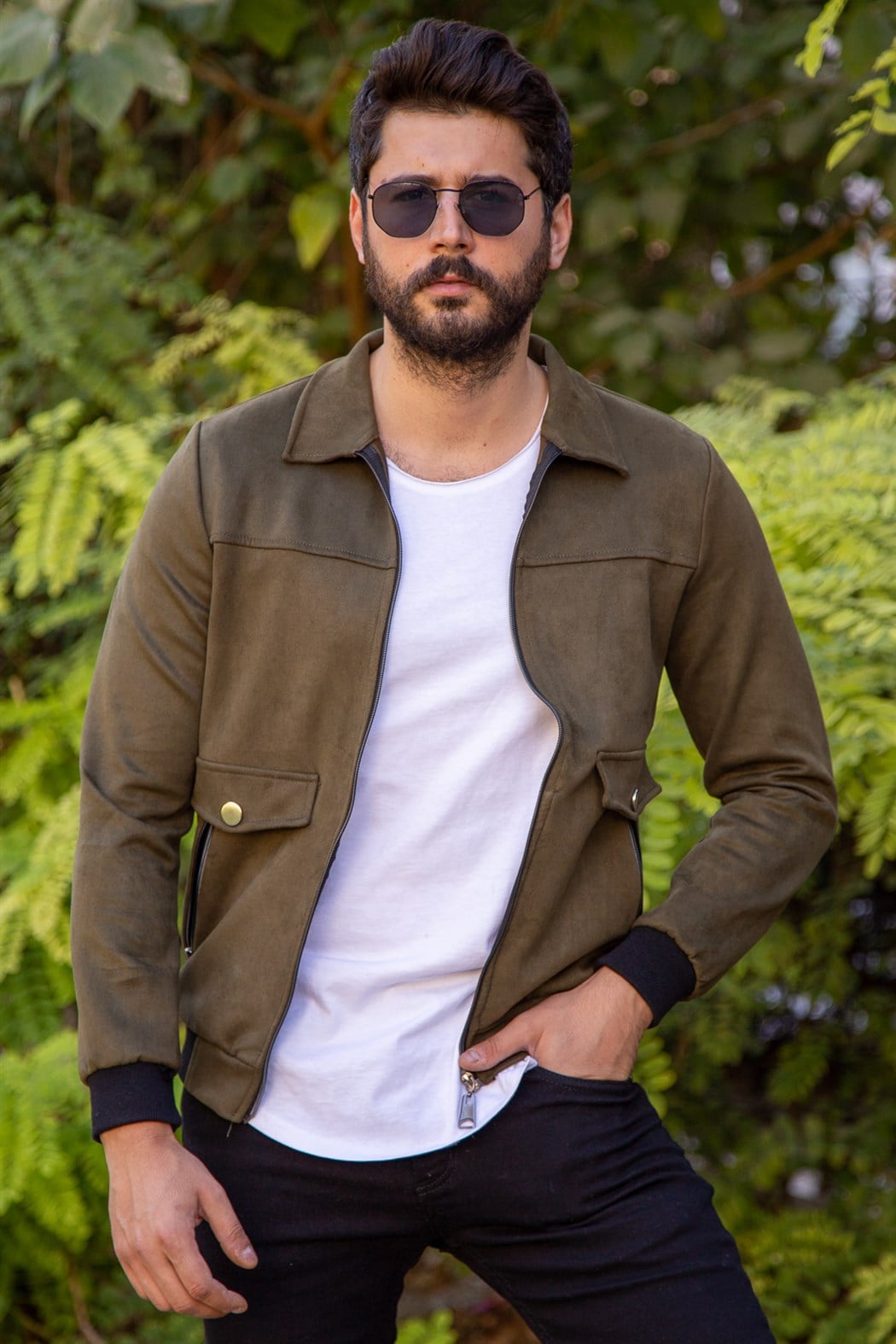 ERKEK SÜET FERMUARLI CEKET HAKİ SİYAH SÜET CEKET HAKİ SİYAH