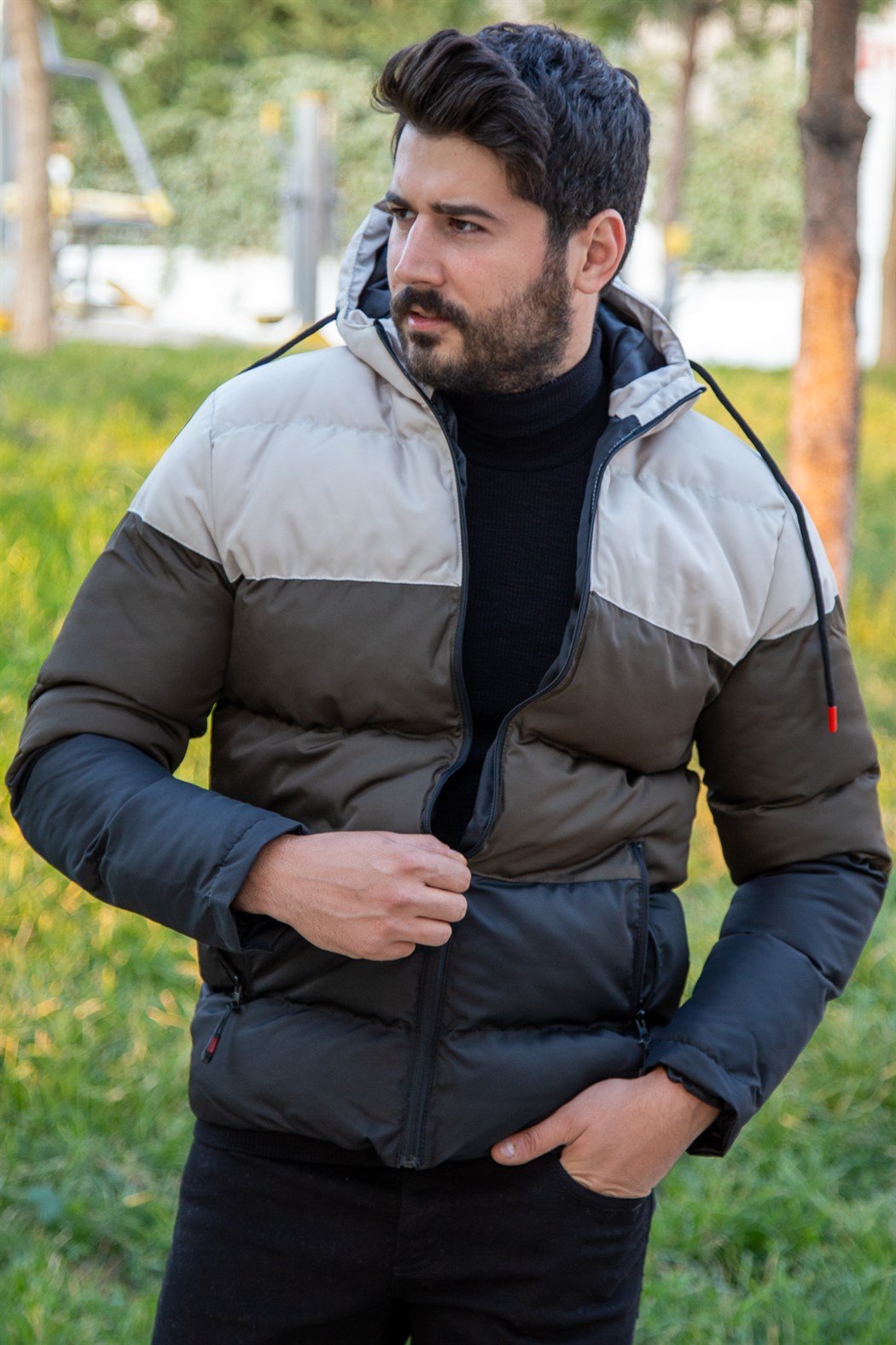 ERKEK ÜÇ RENK PARÇALI ŞİŞME MONT HAKİ YEŞİL mont HAKİ YEŞİL