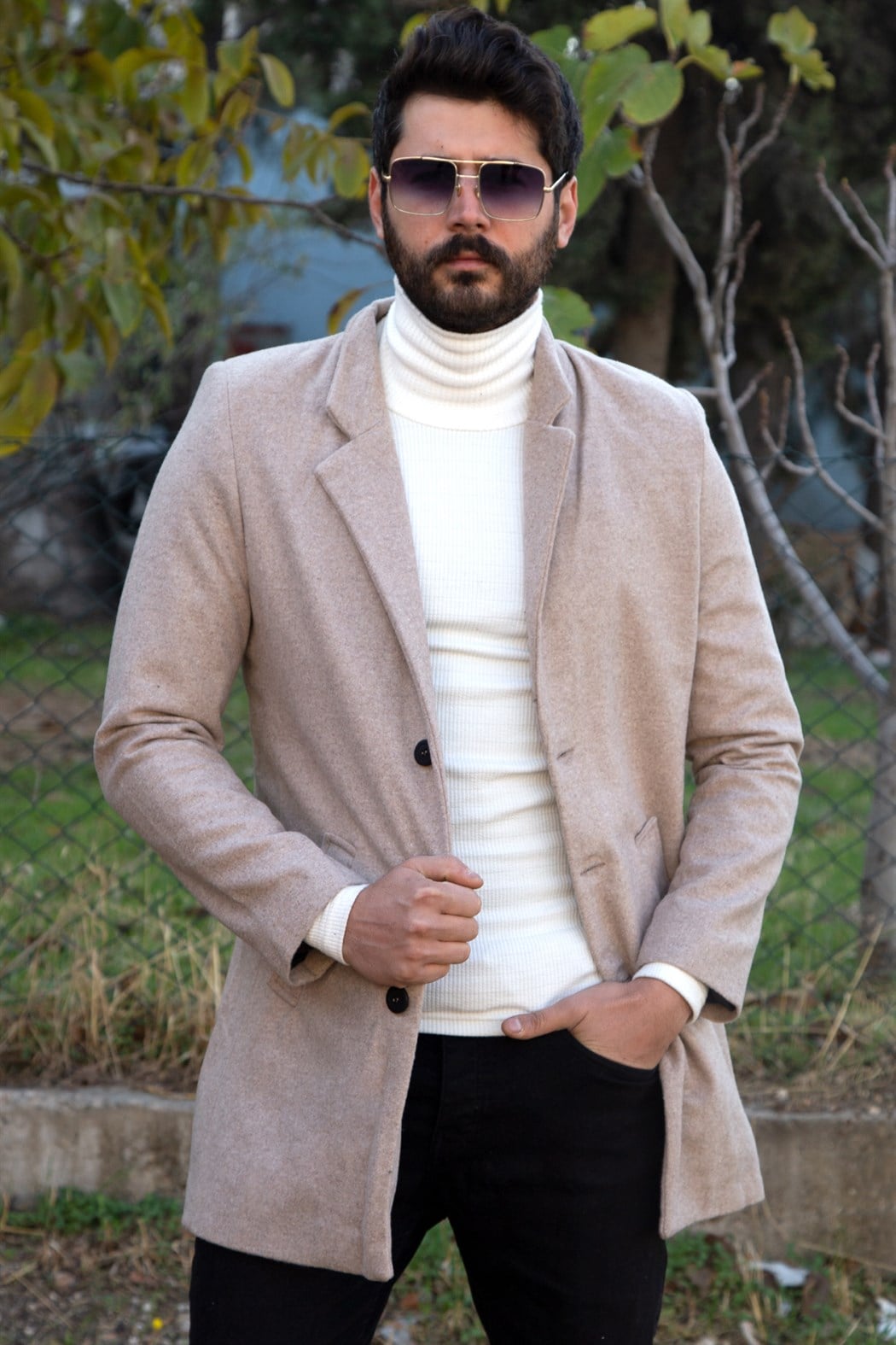 ERKEK Uzun Kaşe Kaban BEJ mont BEJ