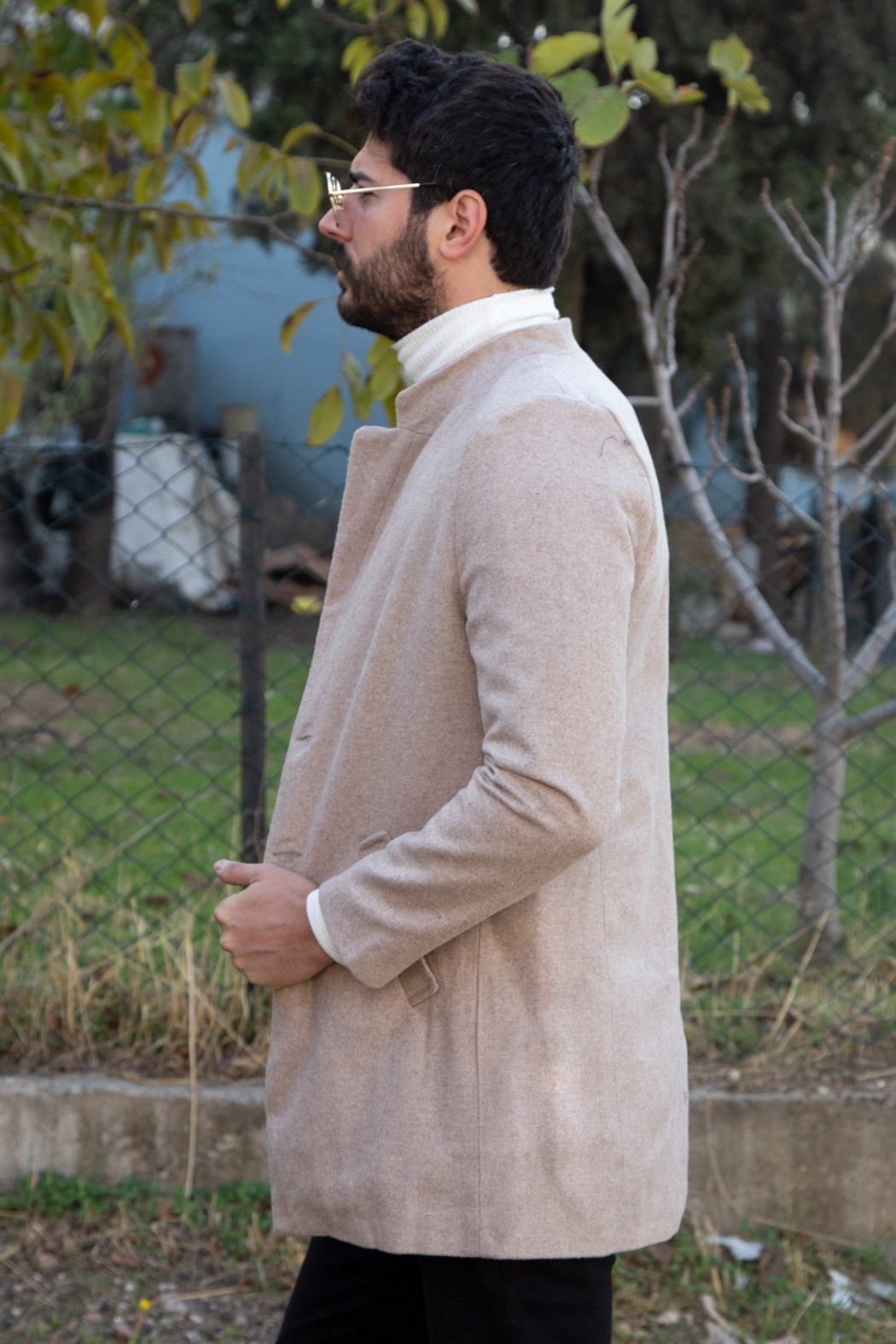 ERKEK Uzun Kaşe Kaban BEJ mont BEJ