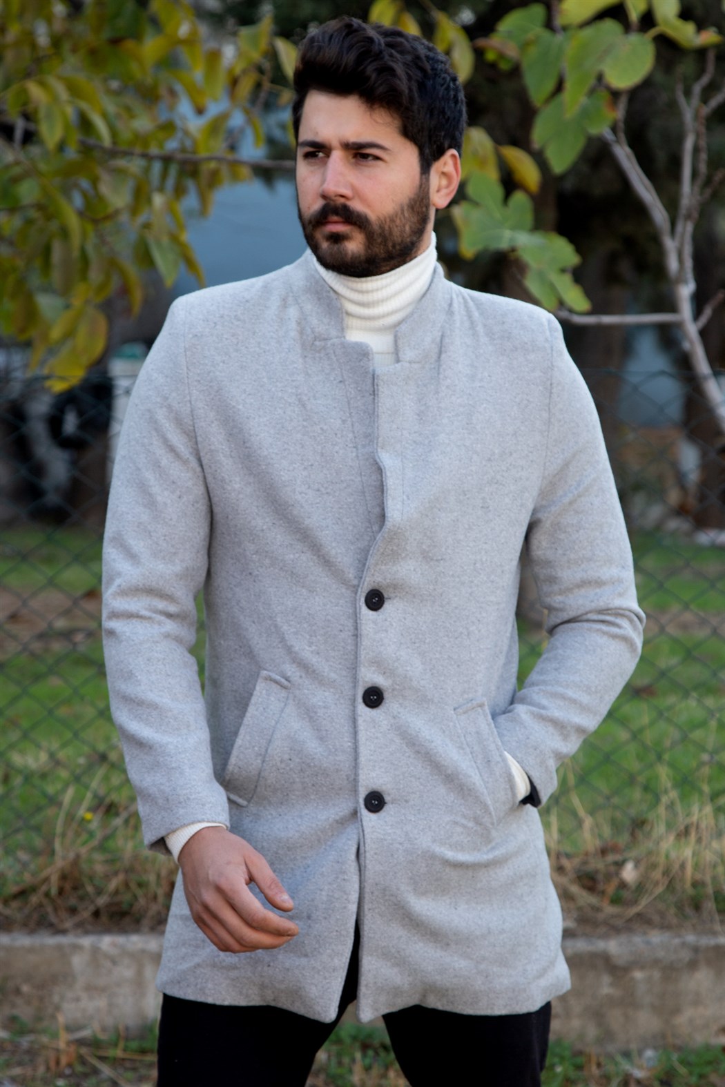 ERKEK Uzun Kaşe Kaban GRI mont GRI                                                         