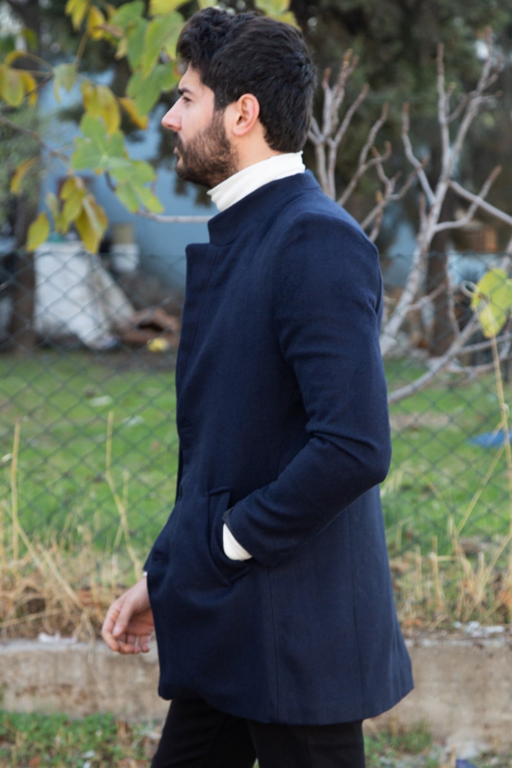 ERKEK Uzun Kaşe Kaban LACIVERT mont LACIVERT