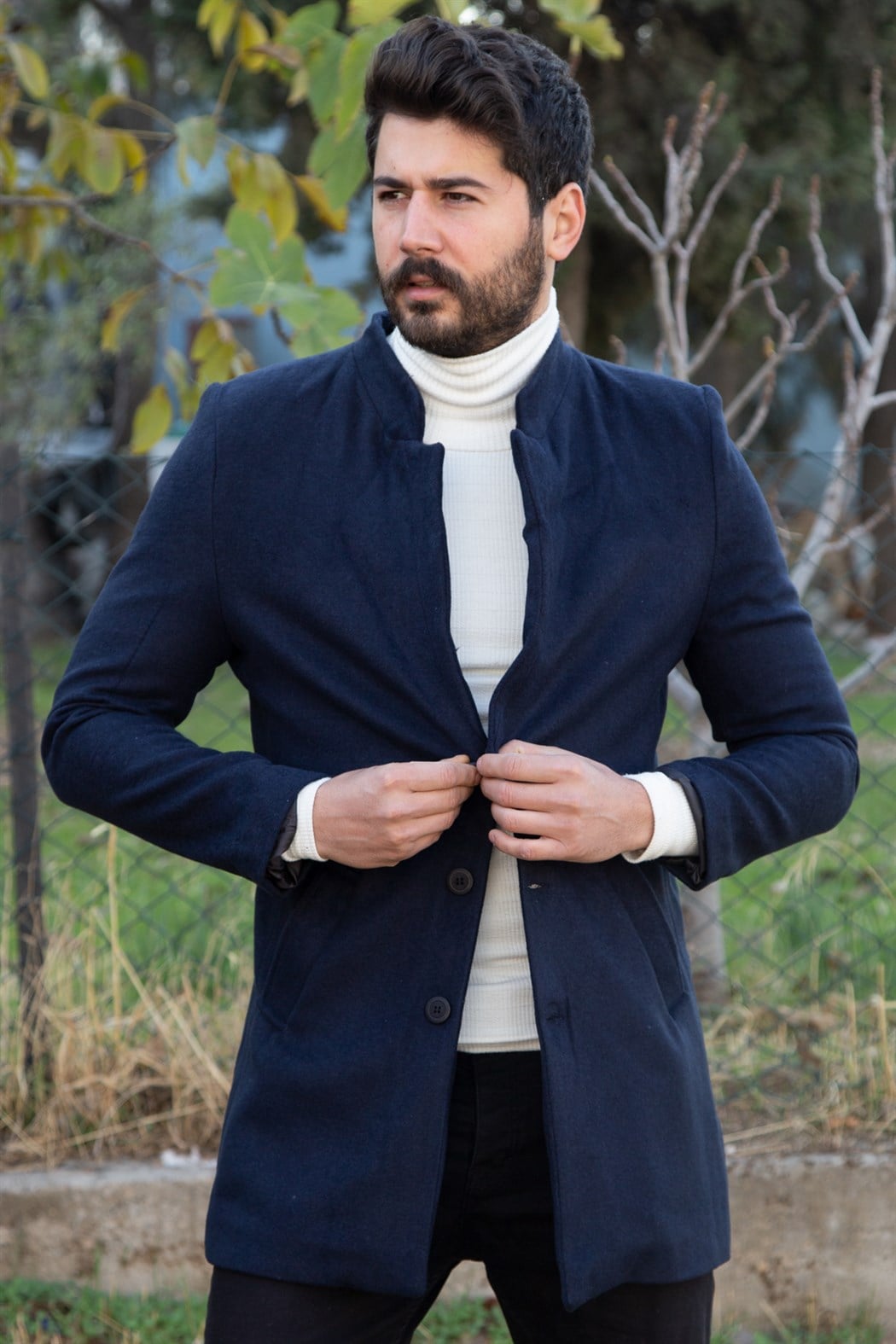 ERKEK Uzun Kaşe Kaban LACIVERT mont LACIVERT