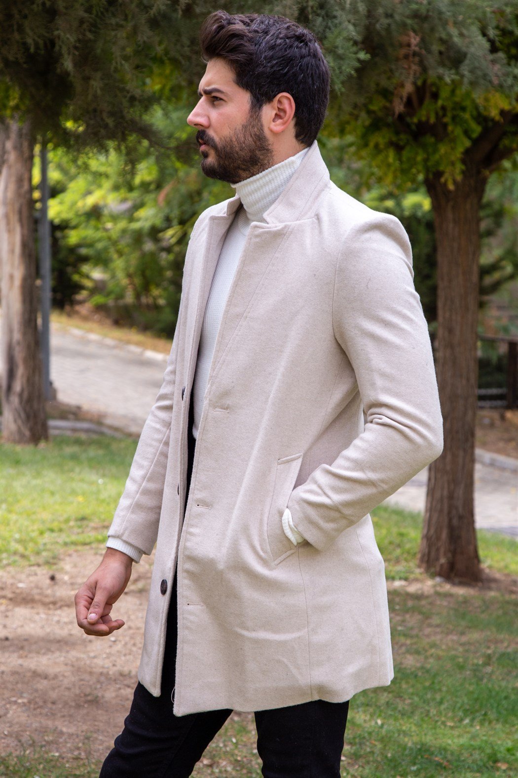 ERKEK Uzun Kaşe Mont BEJ KABAN BEJ