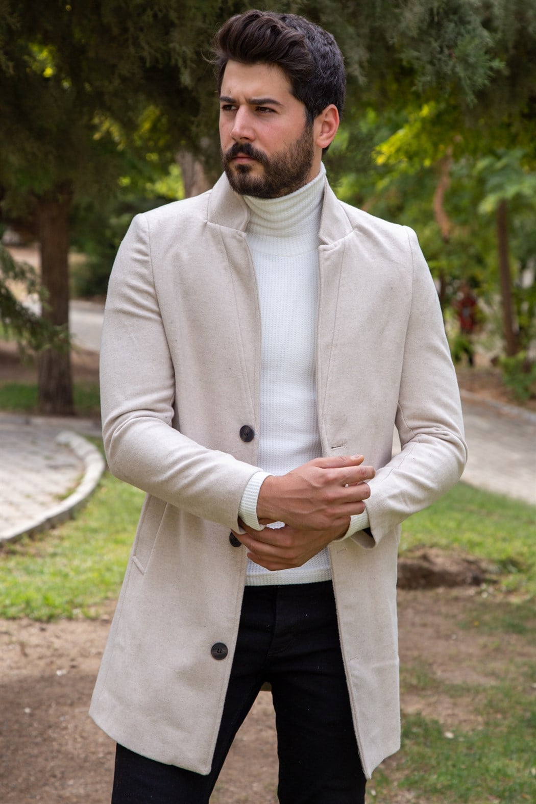 ERKEK Uzun Kaşe Mont BEJ KABAN BEJ