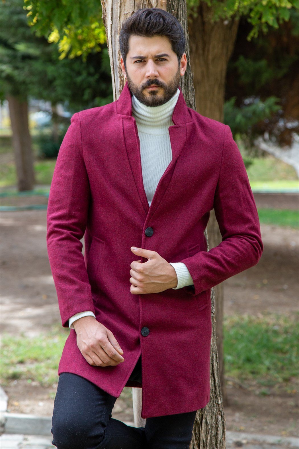 ERKEK Uzun Kaşe Mont BORDO KABAN BORDO