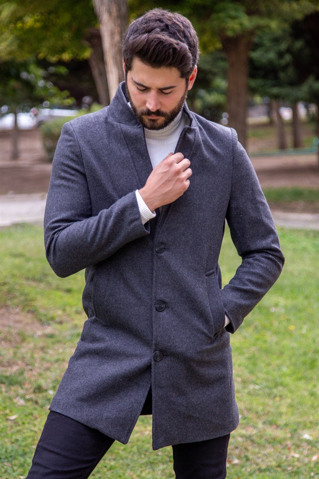 ERKEK Uzun Kaşe Mont FÜME KABAN FÜME