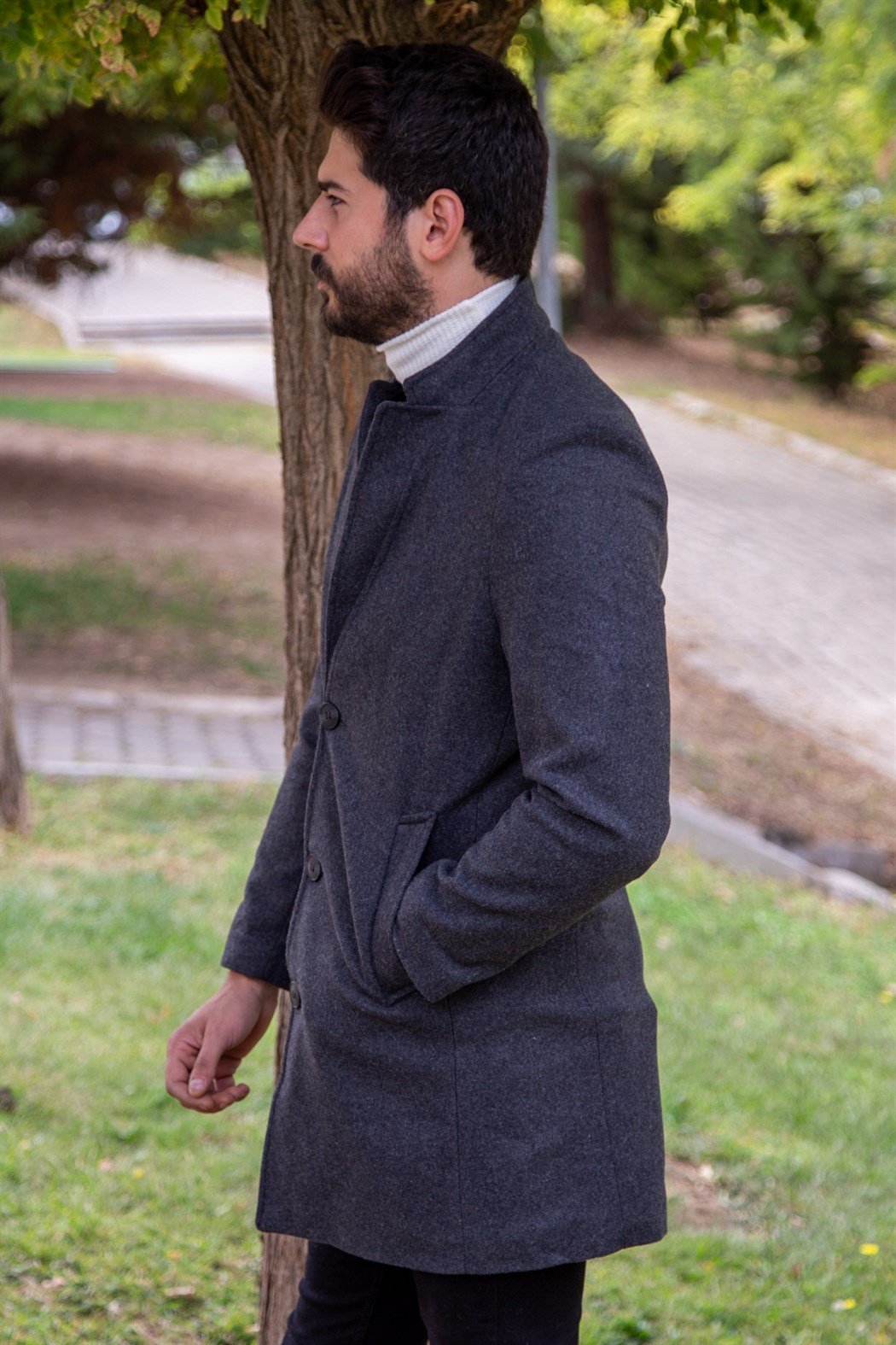 ERKEK Uzun Kaşe Mont FÜME KABAN FÜME