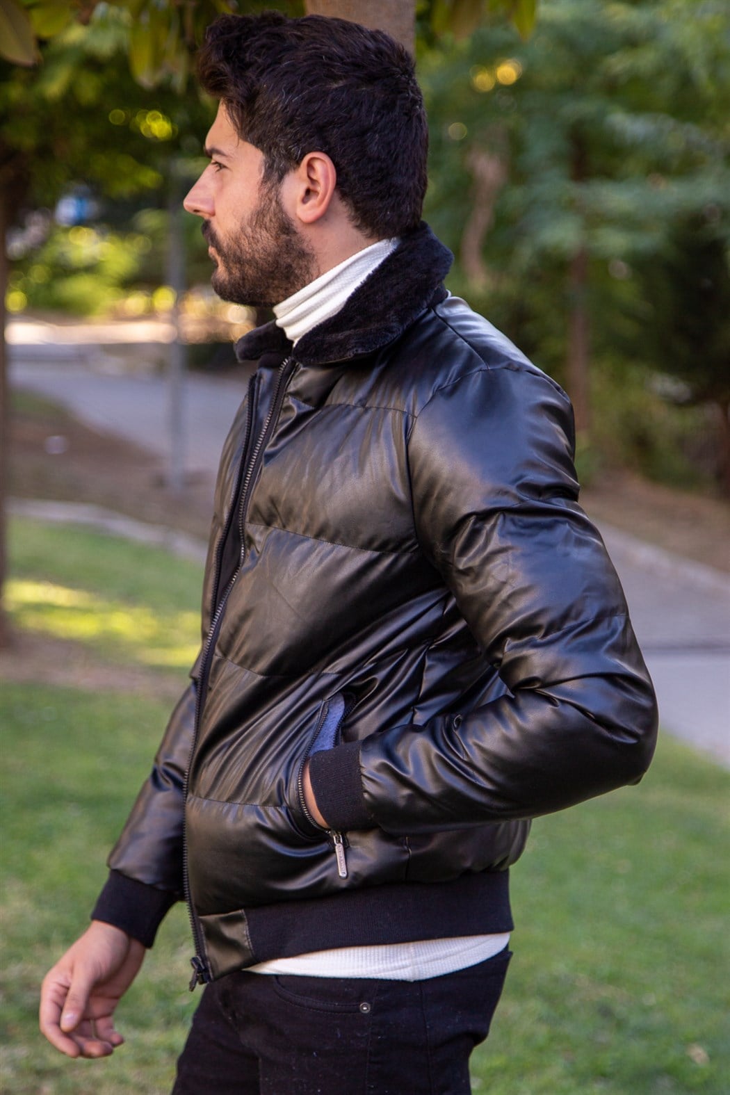 ERKEK Yaka Kürklü Deri Mont SİYAH Deri Mont SİYAH