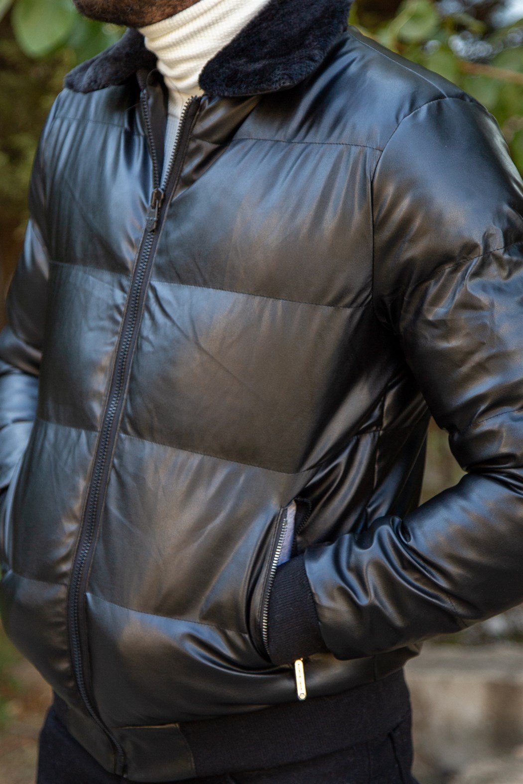 ERKEK Yaka Kürklü Deri Mont SİYAH Deri Mont SİYAH