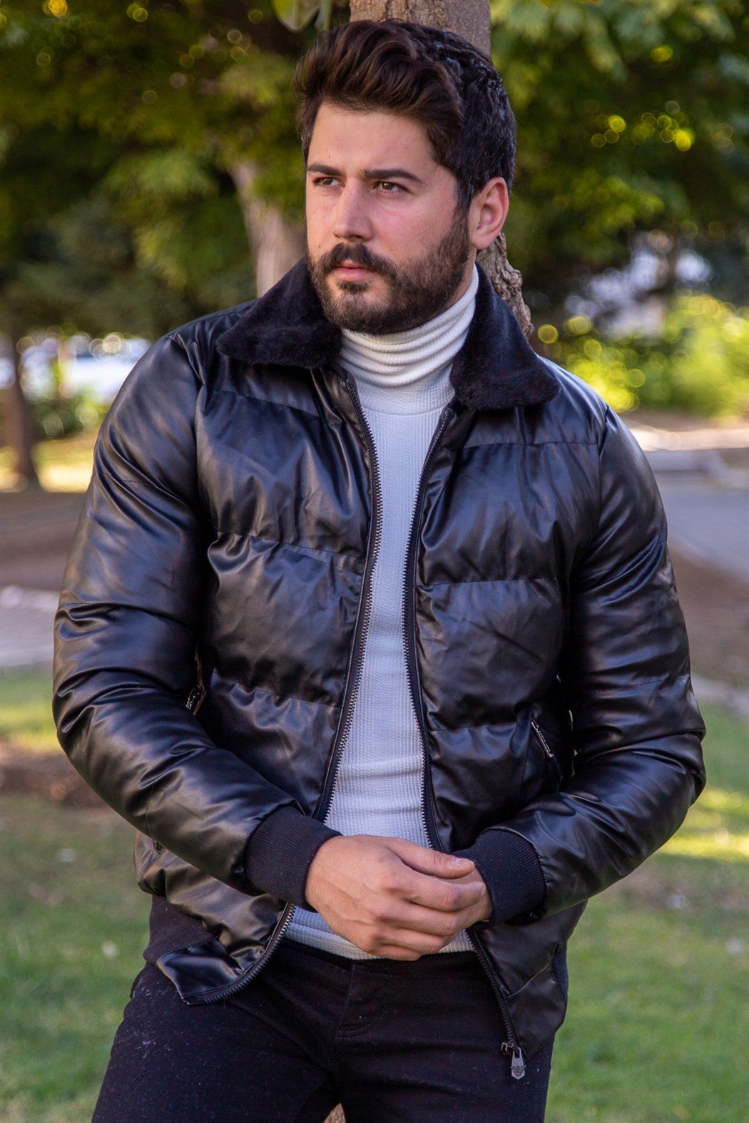 ERKEK Yaka Kürklü Deri Mont SİYAH Deri Mont SİYAH