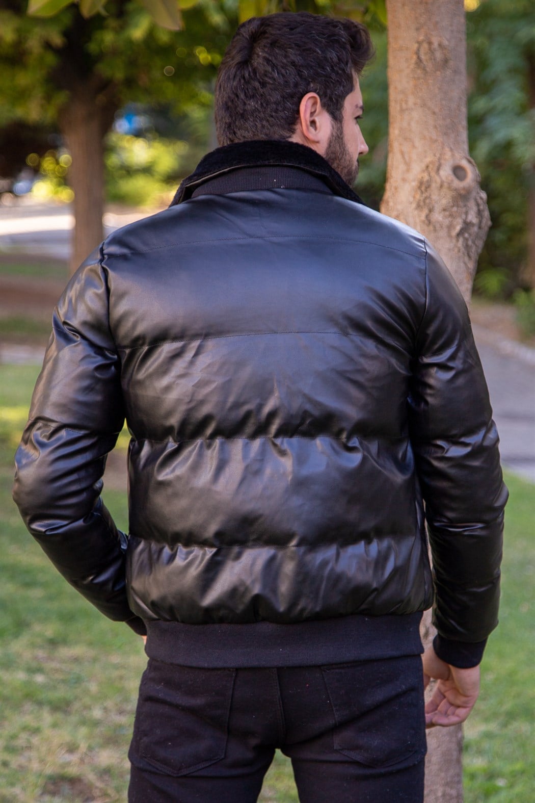 ERKEK Yaka Kürklü Deri Mont SİYAH Deri Mont SİYAH