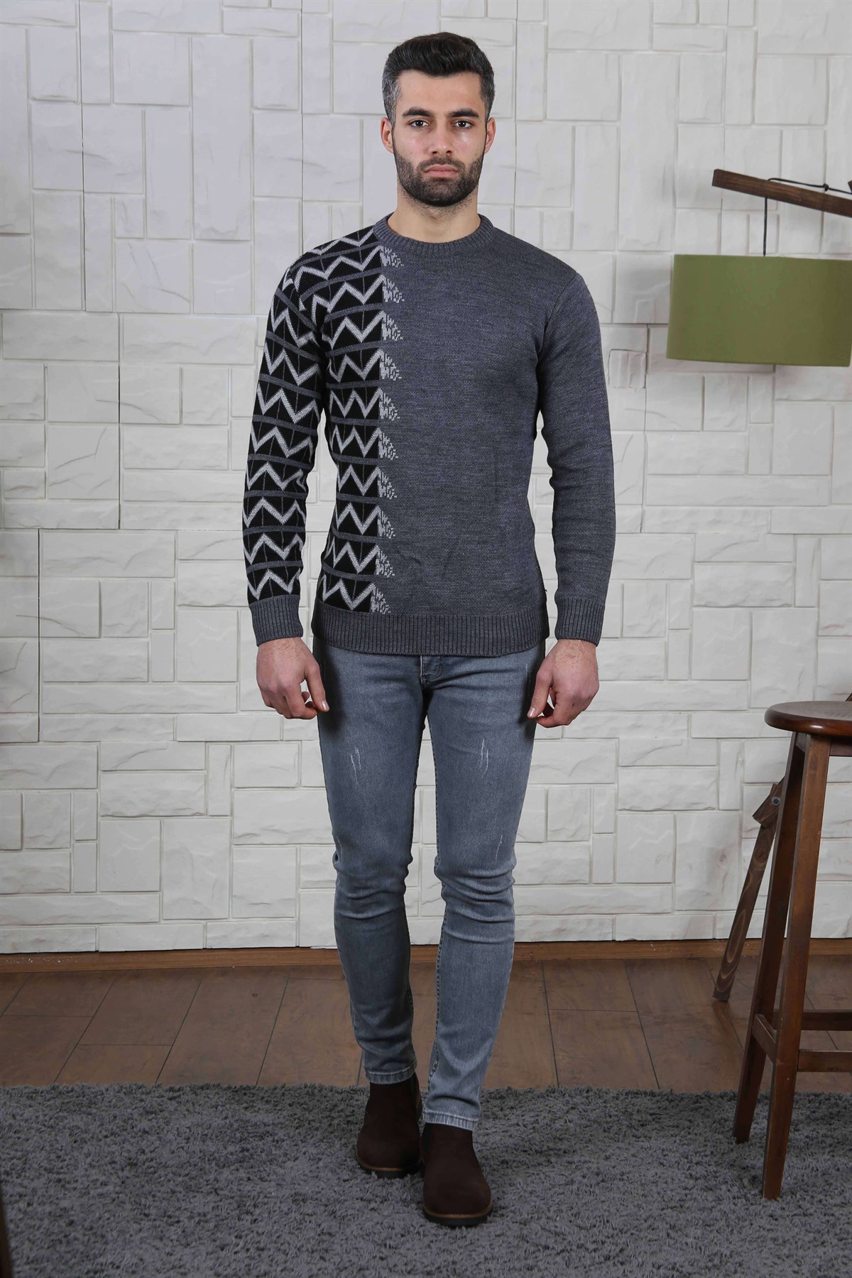 ERKEK YANI ZİGZAG DESEN BİSİKLET YAKA ERKEK KAZAK FÜME FÜME