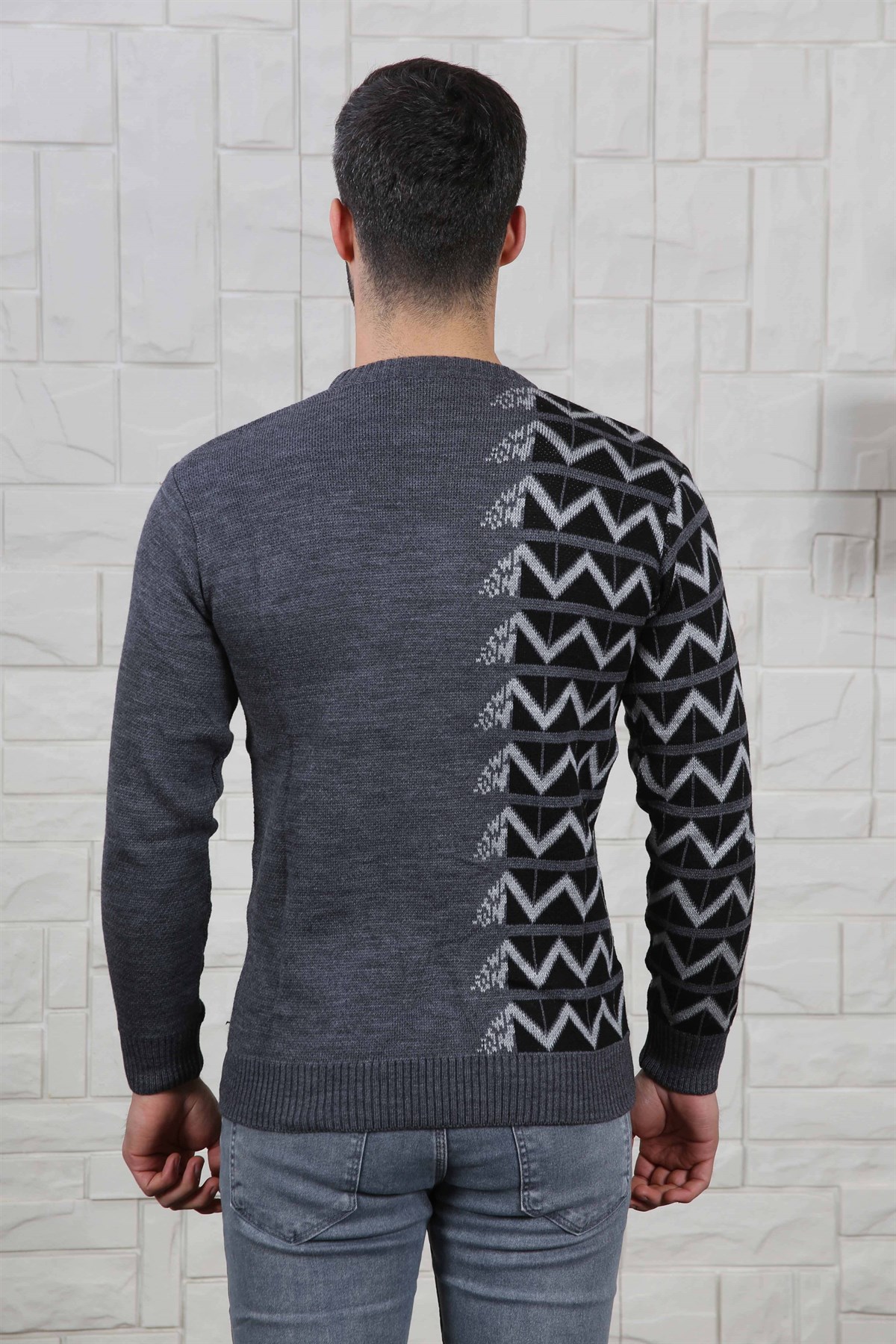 ERKEK YANI ZİGZAG DESEN BİSİKLET YAKA ERKEK KAZAK FÜME FÜME