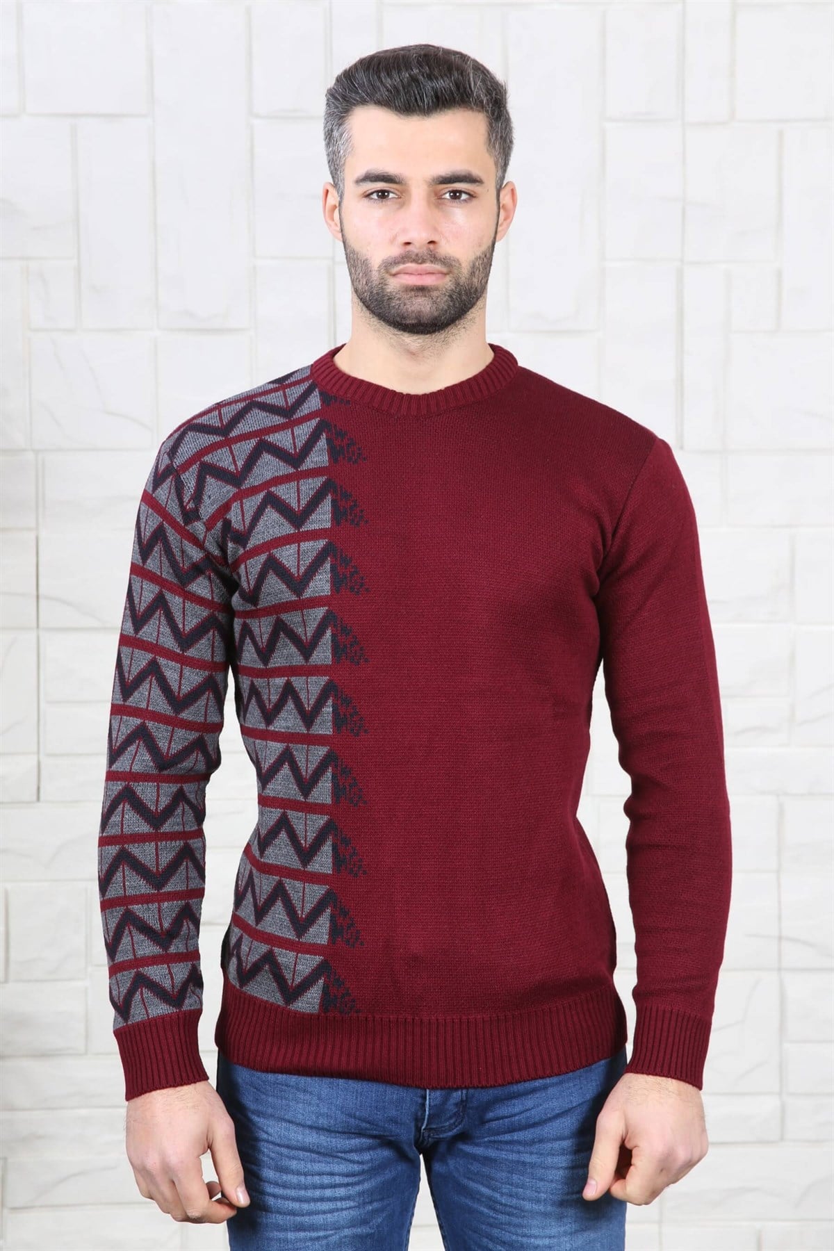 ERKEK YANI ZİGZAG DESEN BİSİKLET YAKA ERKEK KAZAK BORDO BORDO