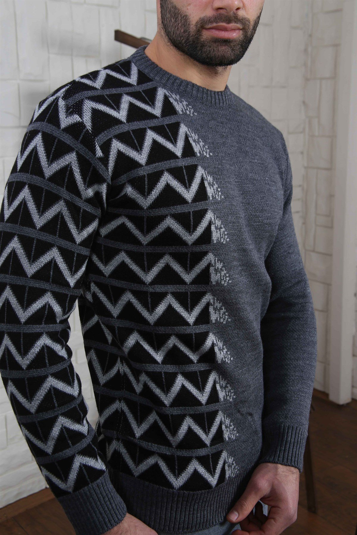 ERKEK YANI ZİGZAG DESEN BİSİKLET YAKA ERKEK KAZAK FÜME FÜME