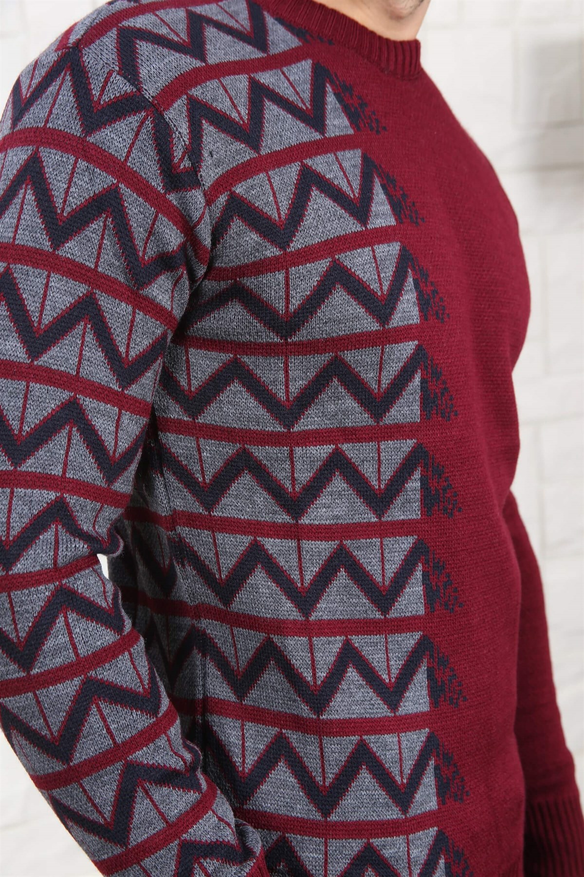 ERKEK YANI ZİGZAG DESEN BİSİKLET YAKA ERKEK KAZAK BORDO BORDO