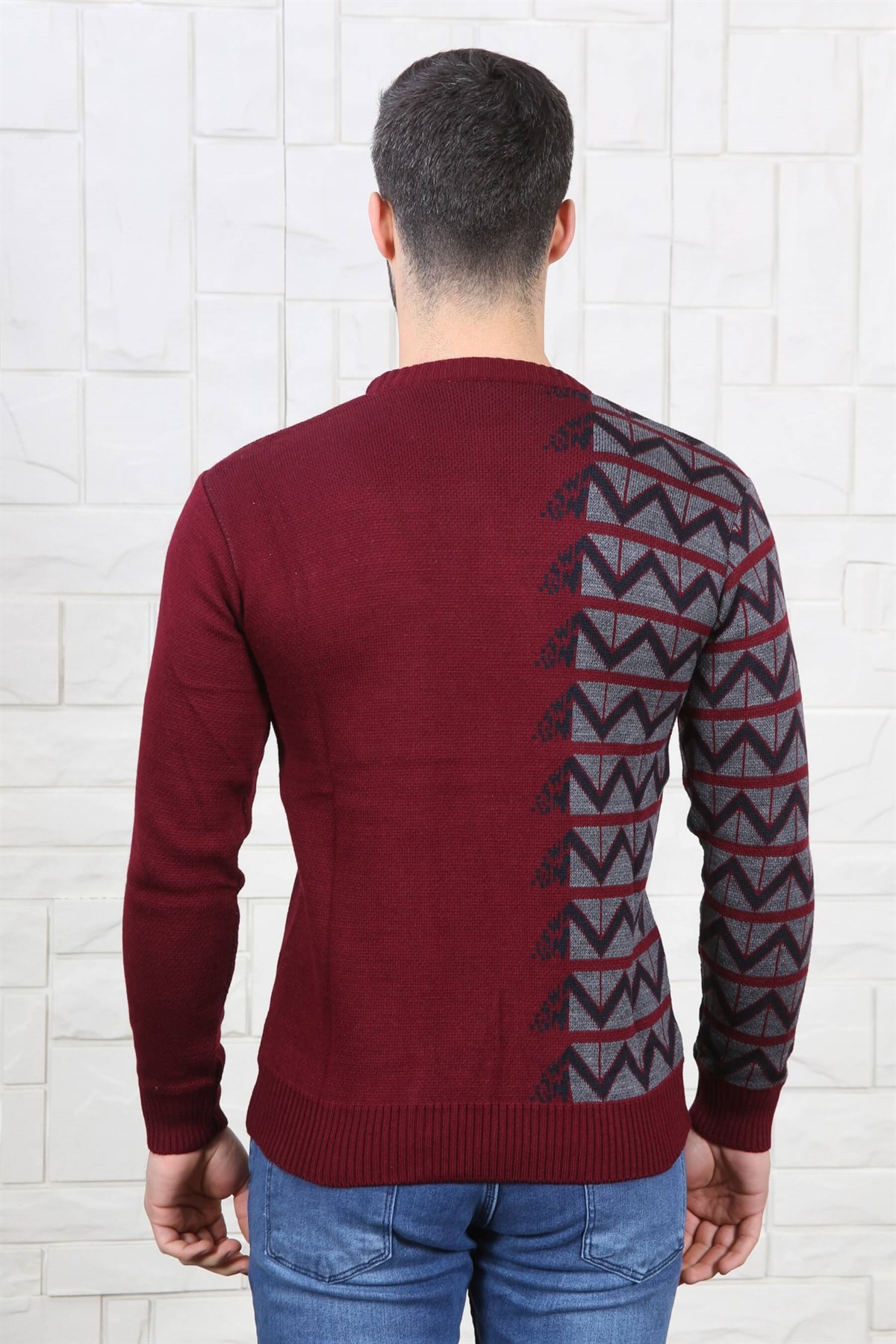 ERKEK YANI ZİGZAG DESEN BİSİKLET YAKA ERKEK KAZAK BORDO BORDO