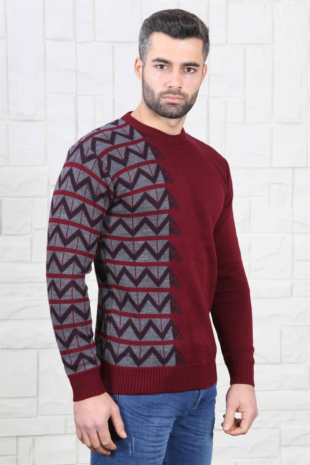ERKEK YANI ZİGZAG DESEN BİSİKLET YAKA ERKEK KAZAK BORDO BORDO