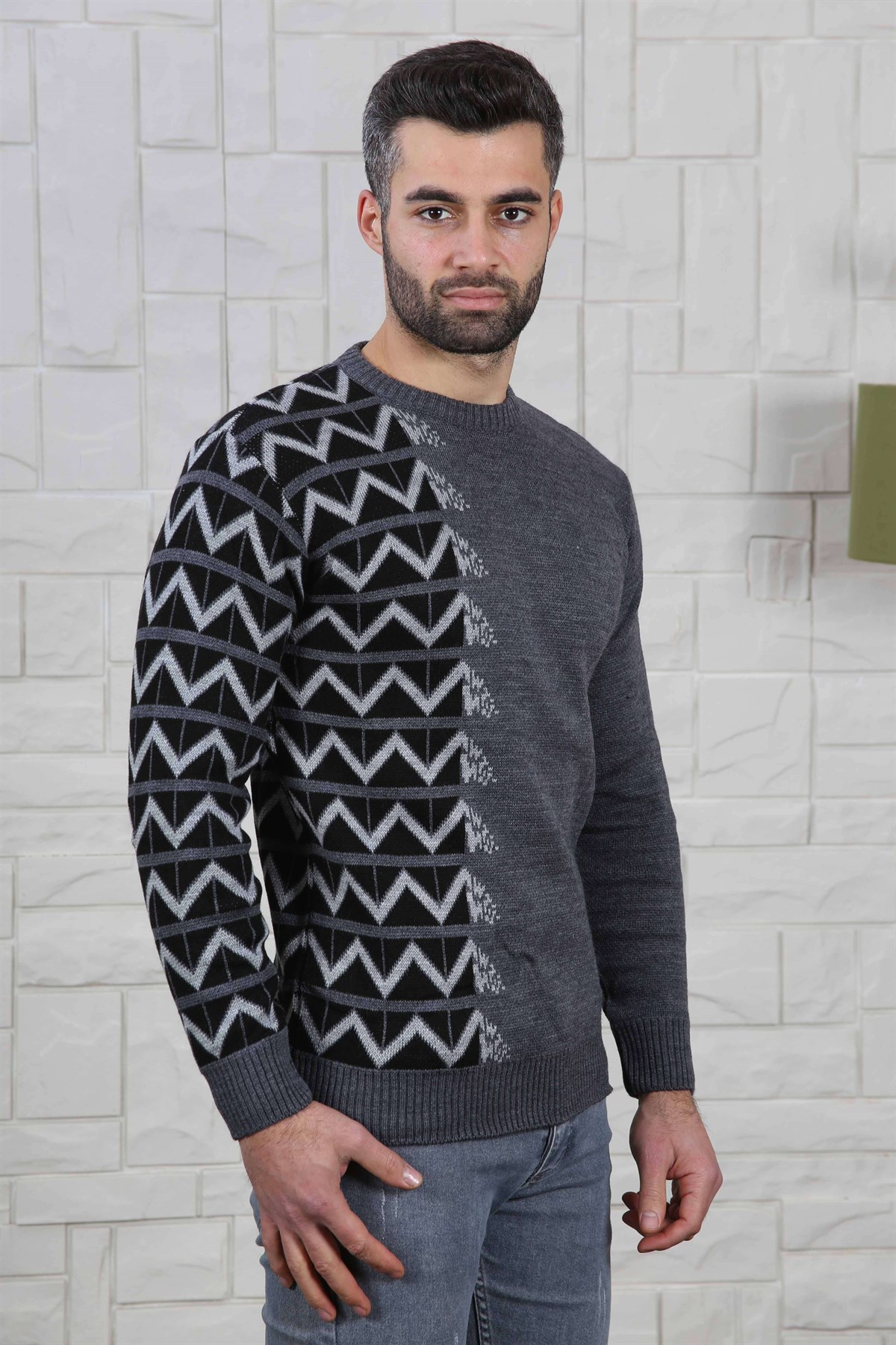 ERKEK YANI ZİGZAG DESEN BİSİKLET YAKA ERKEK KAZAK FÜME FÜME