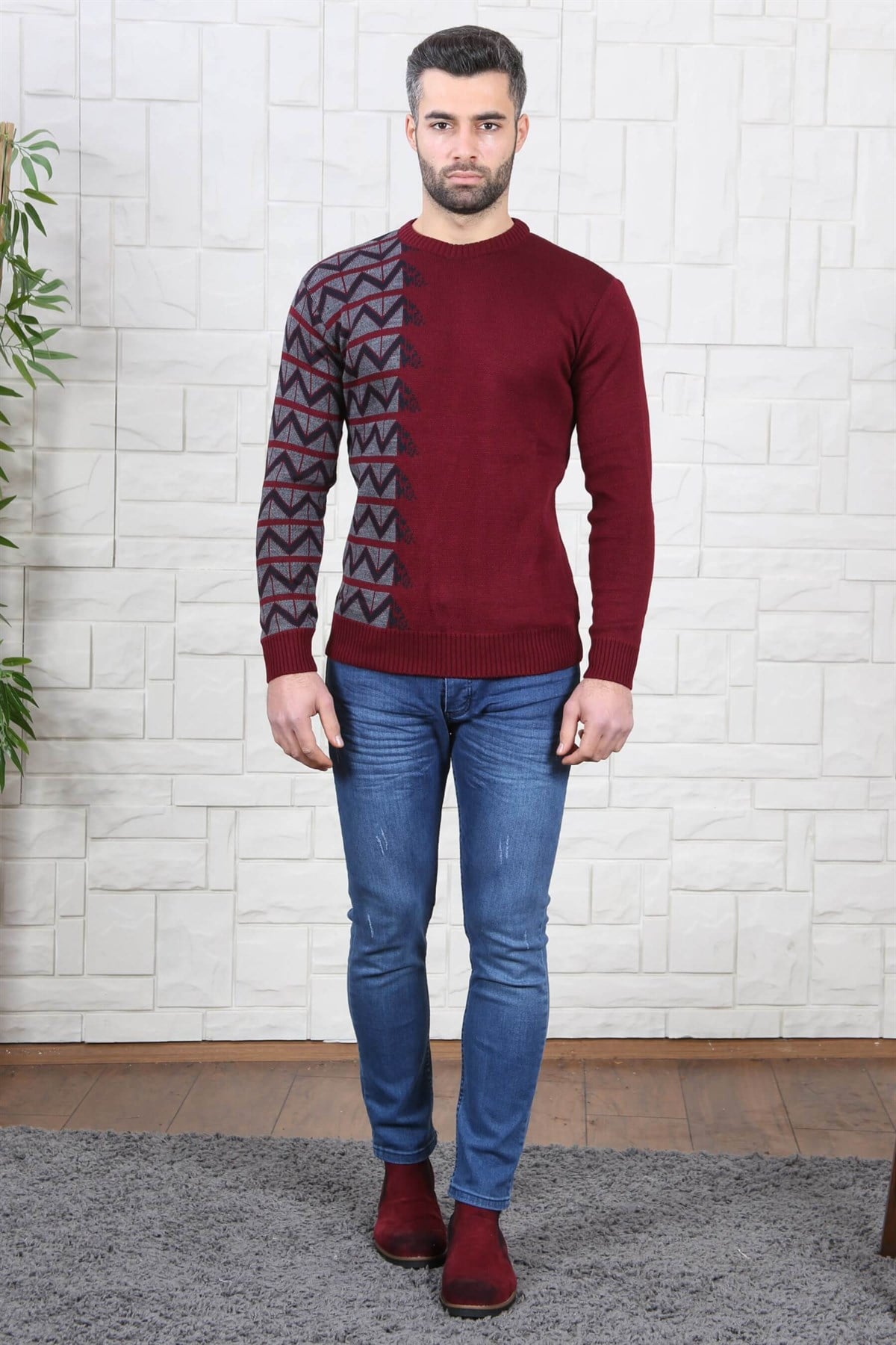 ERKEK YANI ZİGZAG DESEN BİSİKLET YAKA ERKEK KAZAK BORDO BORDO