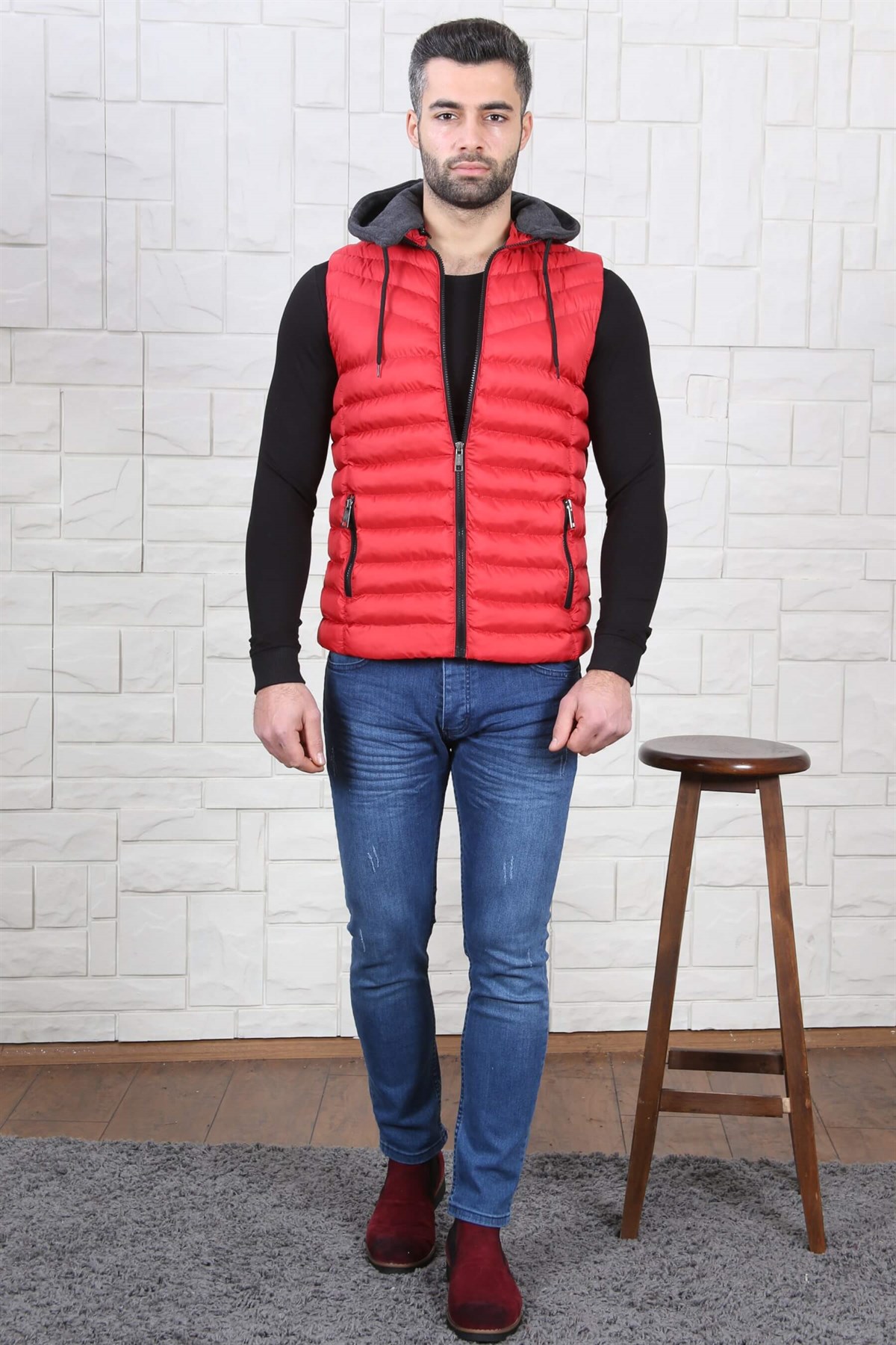 ERKEK YELEK KAPŞONLU ŞİŞME ERKEK KIRMIZI KIRMIZI
