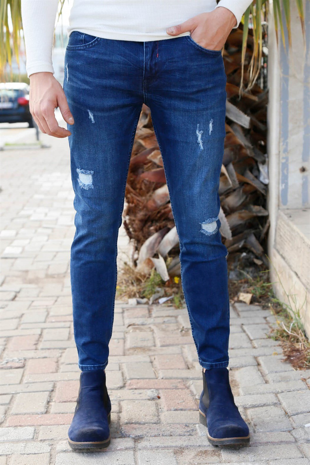 ERKEK Yırtık Modelli  Slim  Kot Pantolon MAVİ JEAN MAVİ