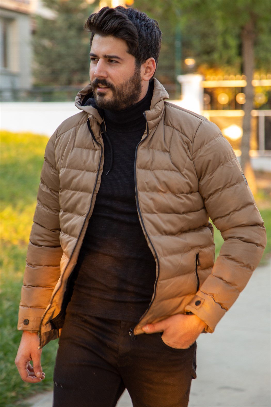 ERKEK YN ARMALI KAPŞONLU ŞİŞME MONT BEJ mont BEJ