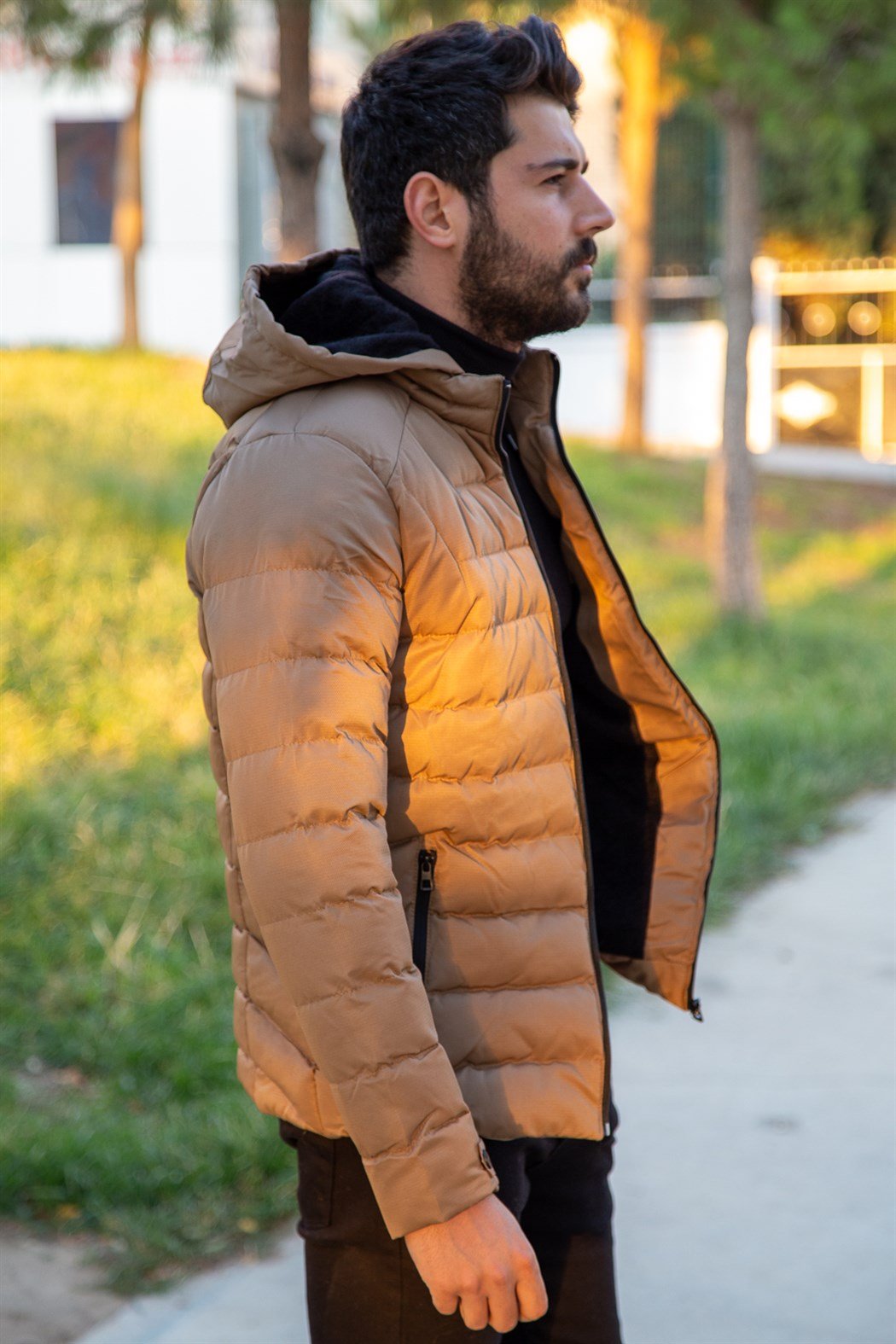 ERKEK YN ARMALI KAPŞONLU ŞİŞME MONT BEJ mont BEJ