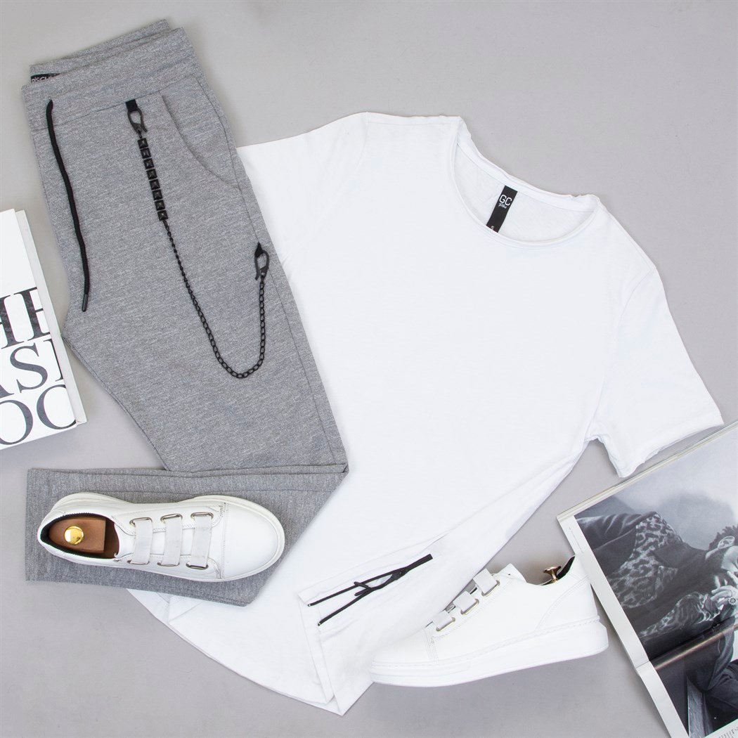 Fermuar Detaylı Tişört Gri Zincirli Jogger Ayakkabı Kombin