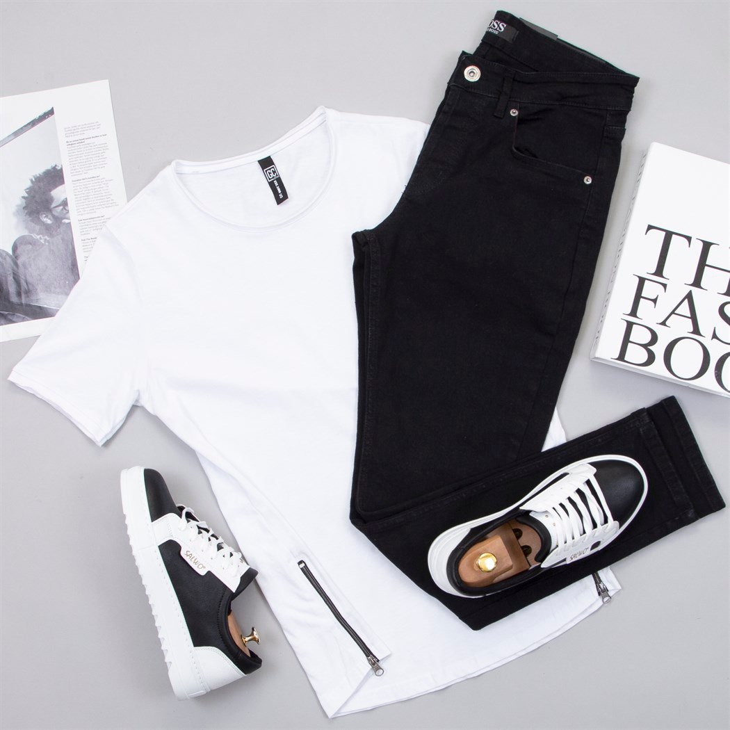 Fermuar Detaylı Tişört Pantolon Ayakkabı Kombin