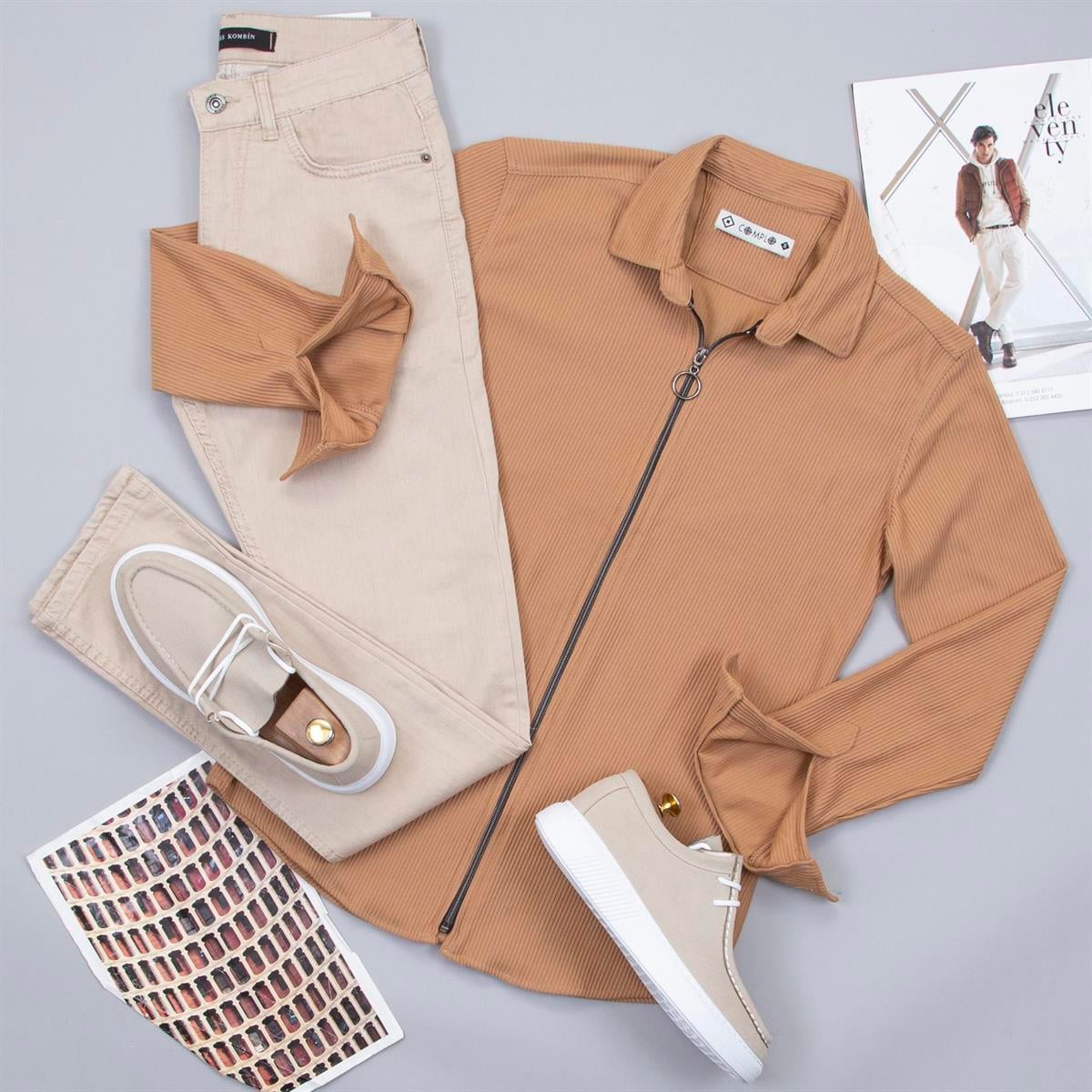 Fermuarlı Taba Gömlek Pantolon Ayakkabı Kombin