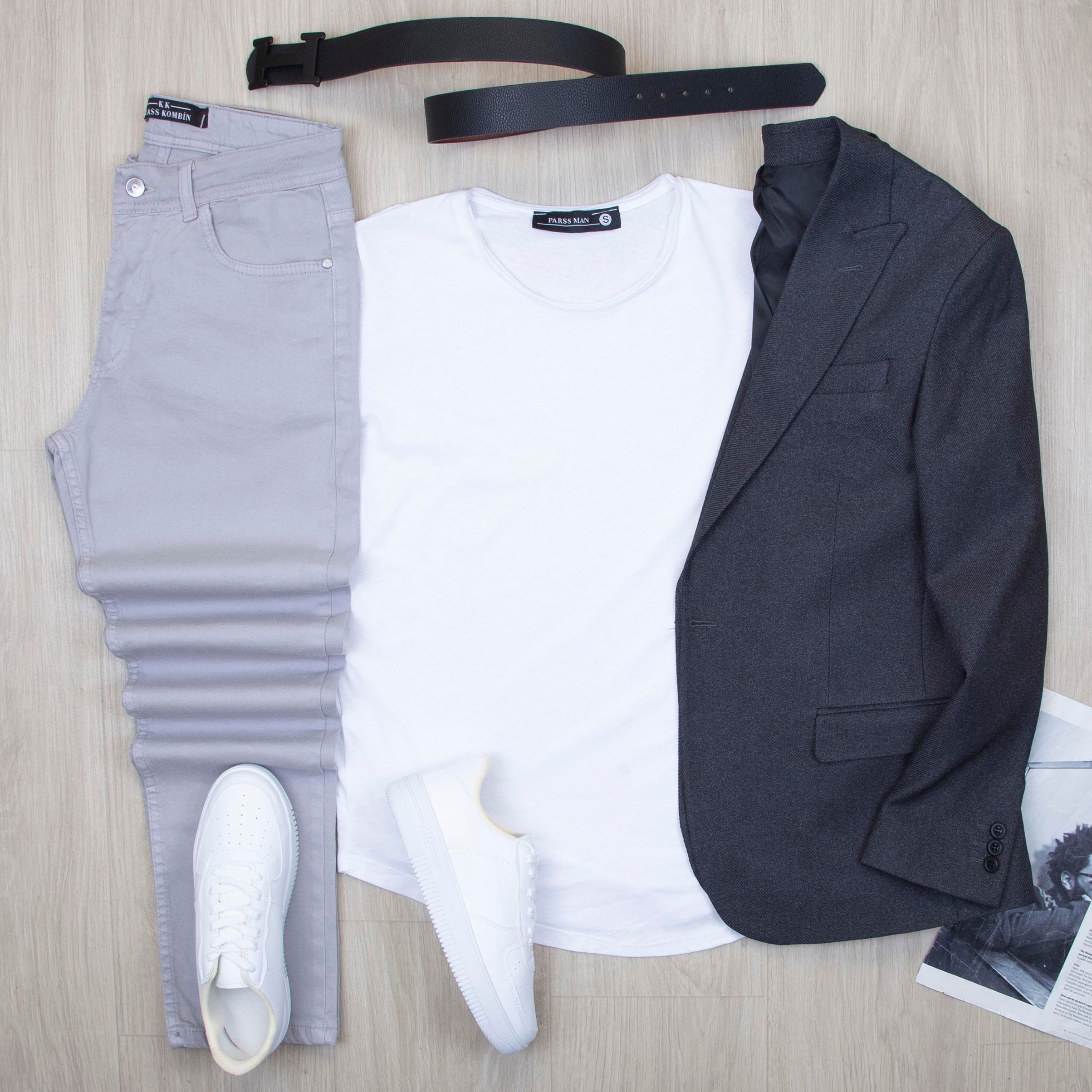 Füme Blazer Ceket Tişört Pantolon Ayakkabı Kombin