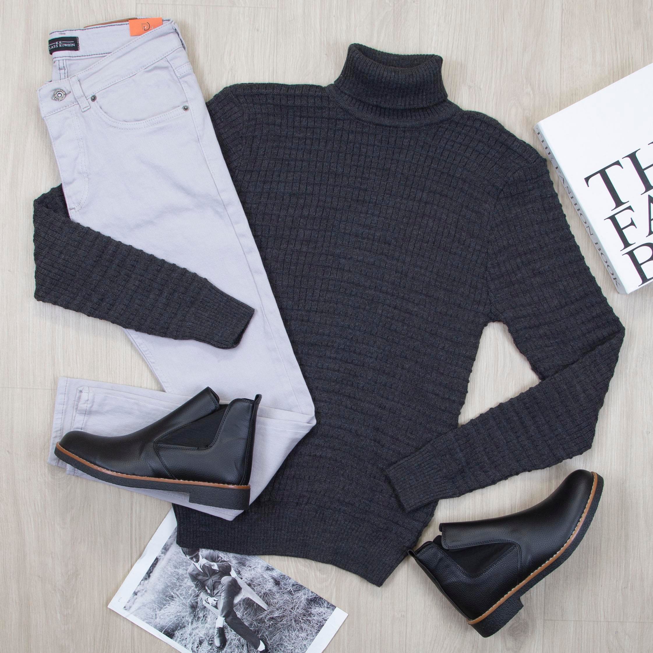 Füme Boğazlı Triko Kazak Pantolon Bot Kombin