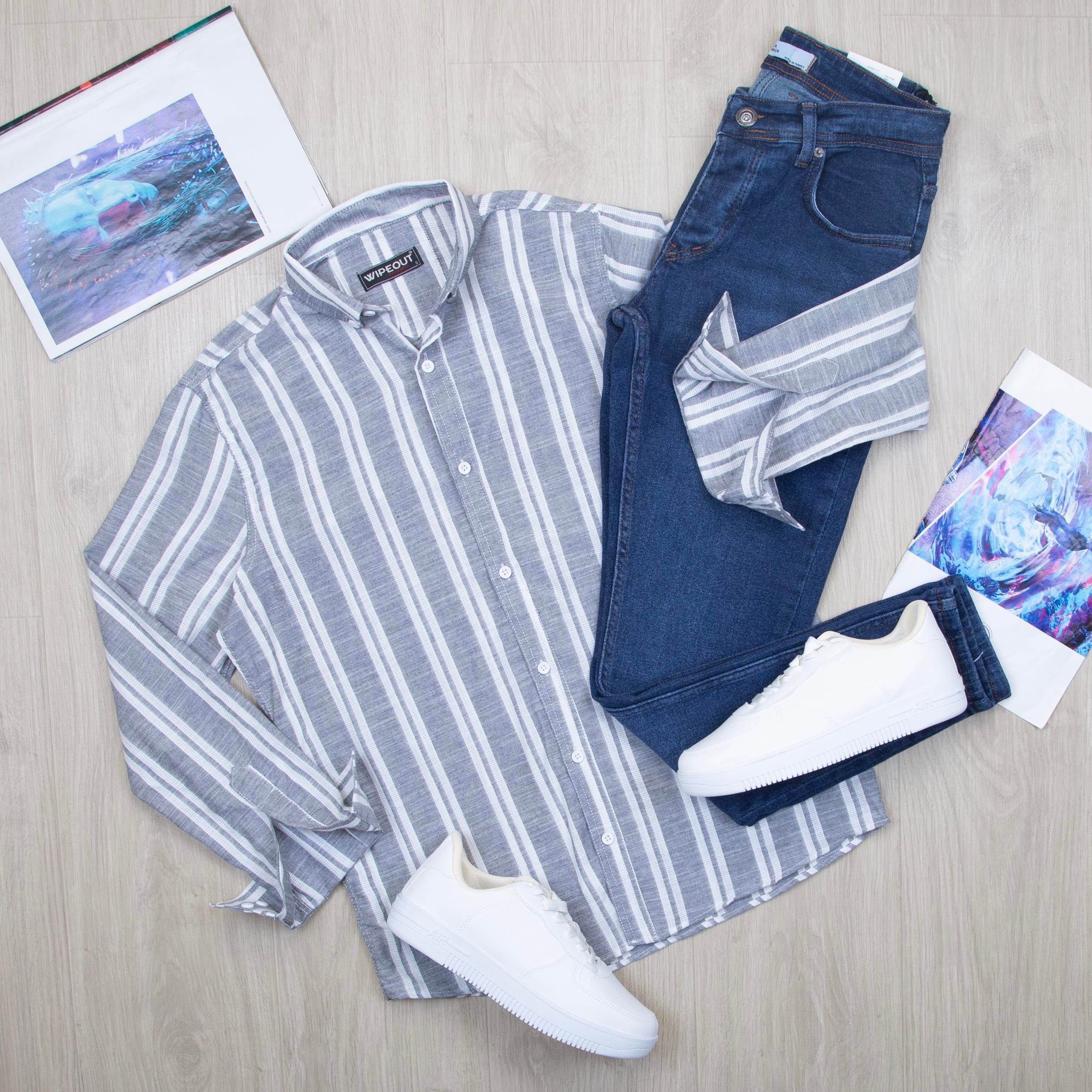 Füme çizgili Gömlek Pantolon Ayakkabı Kombin