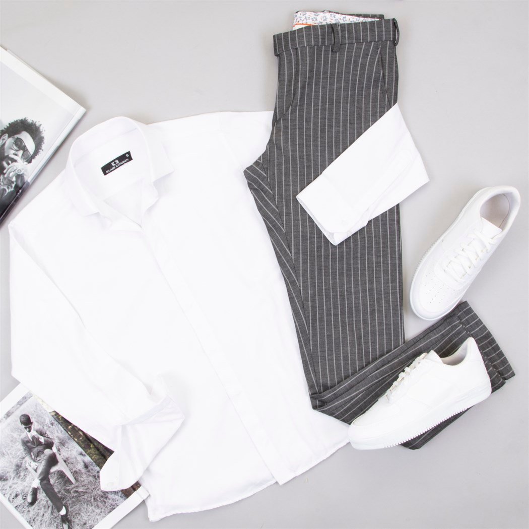 Füme Çizgili Pantolon Gömlek Ayakkabı Kombin