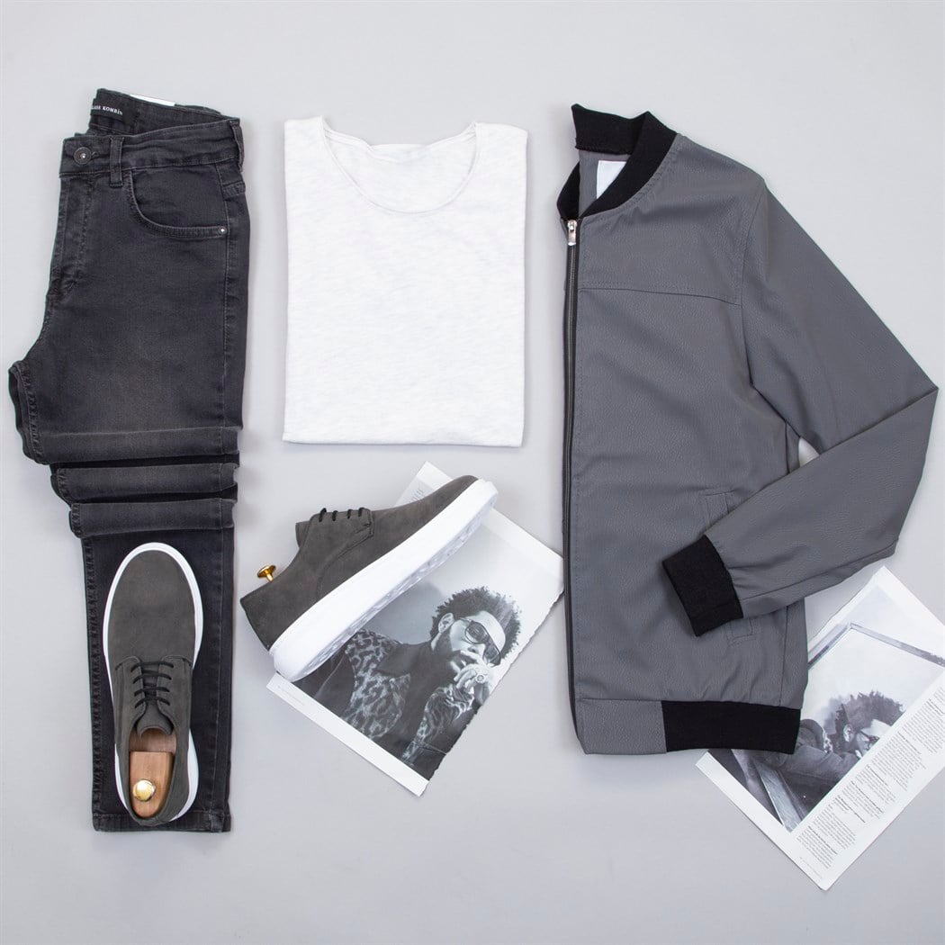Füme Deri Ceket Tişört Pantolon Ayakkabı Kombin